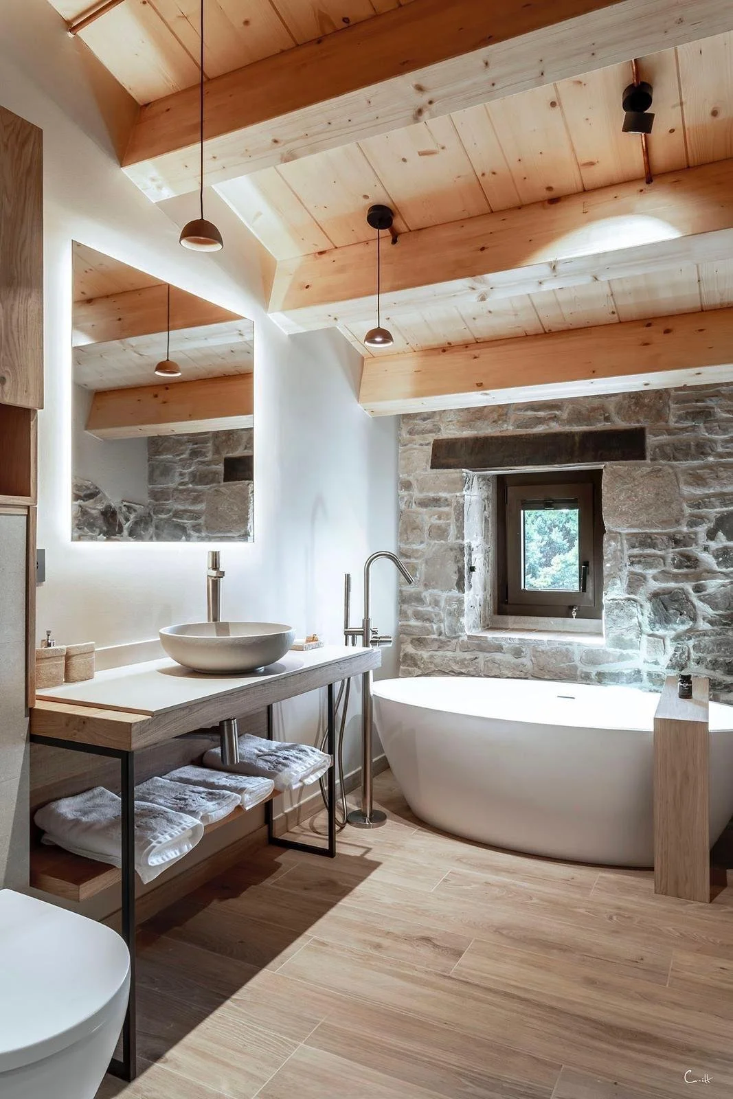 Baño moderno con paredes de piedra, techo de madera, bañera independiente y espejo con iluminación LED, decorado con tonos neutros y naturales.