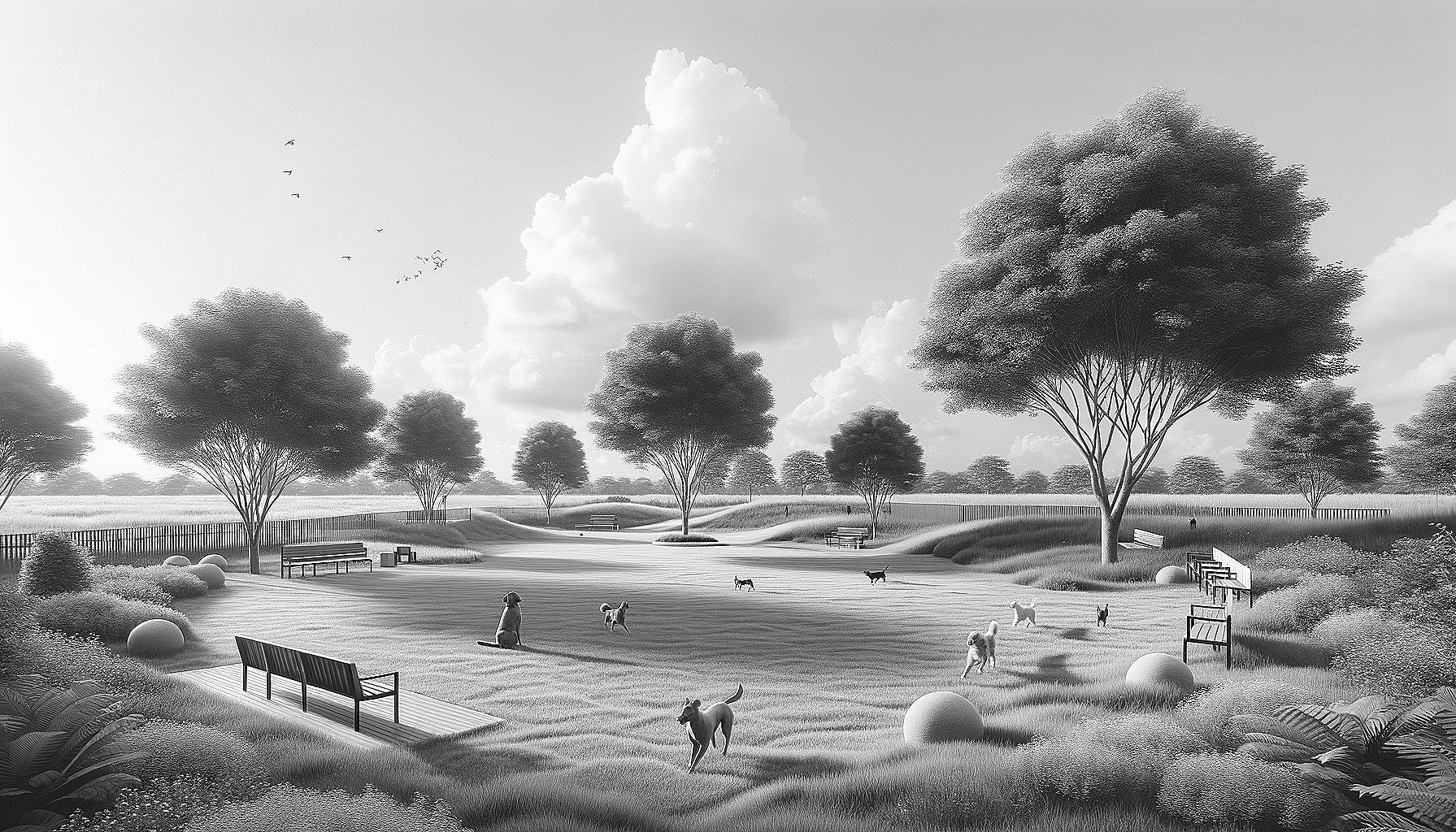 A grayscale illustration of a peaceful park with several trees, benches, bushes, and multiple dogs running and sitting on the grass. The sky has clouds and a small flock of birds flying.