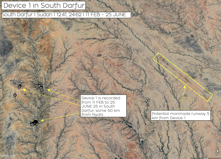 Map of South Darfur, Sudan, showing recorded movement of Device 1 from February 11 to June 25, approximately 50 km from Nyala, with a potential manmade runway 5 km from Device 1.