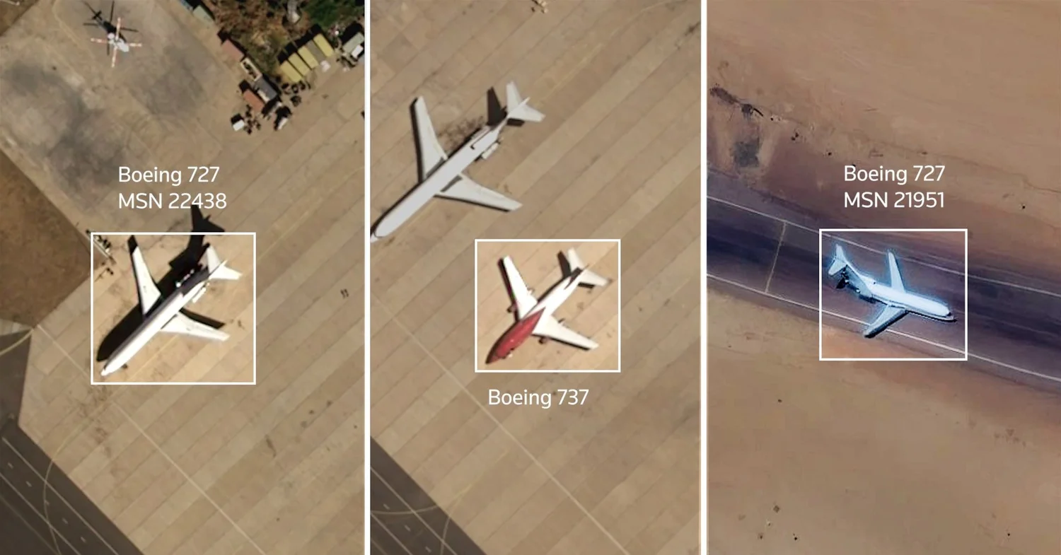 Satellite images of three Boeing aircraft — two 727s and a 737 — on airport aprons, annotated with their serial numbers