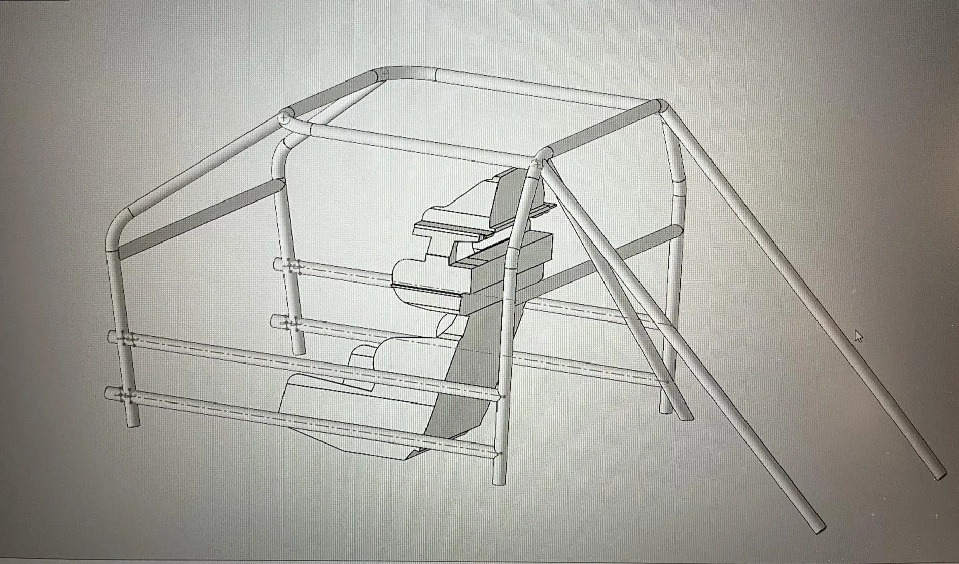 Roll cage for a 2007 Honda Accord showing the placement of a racing seat