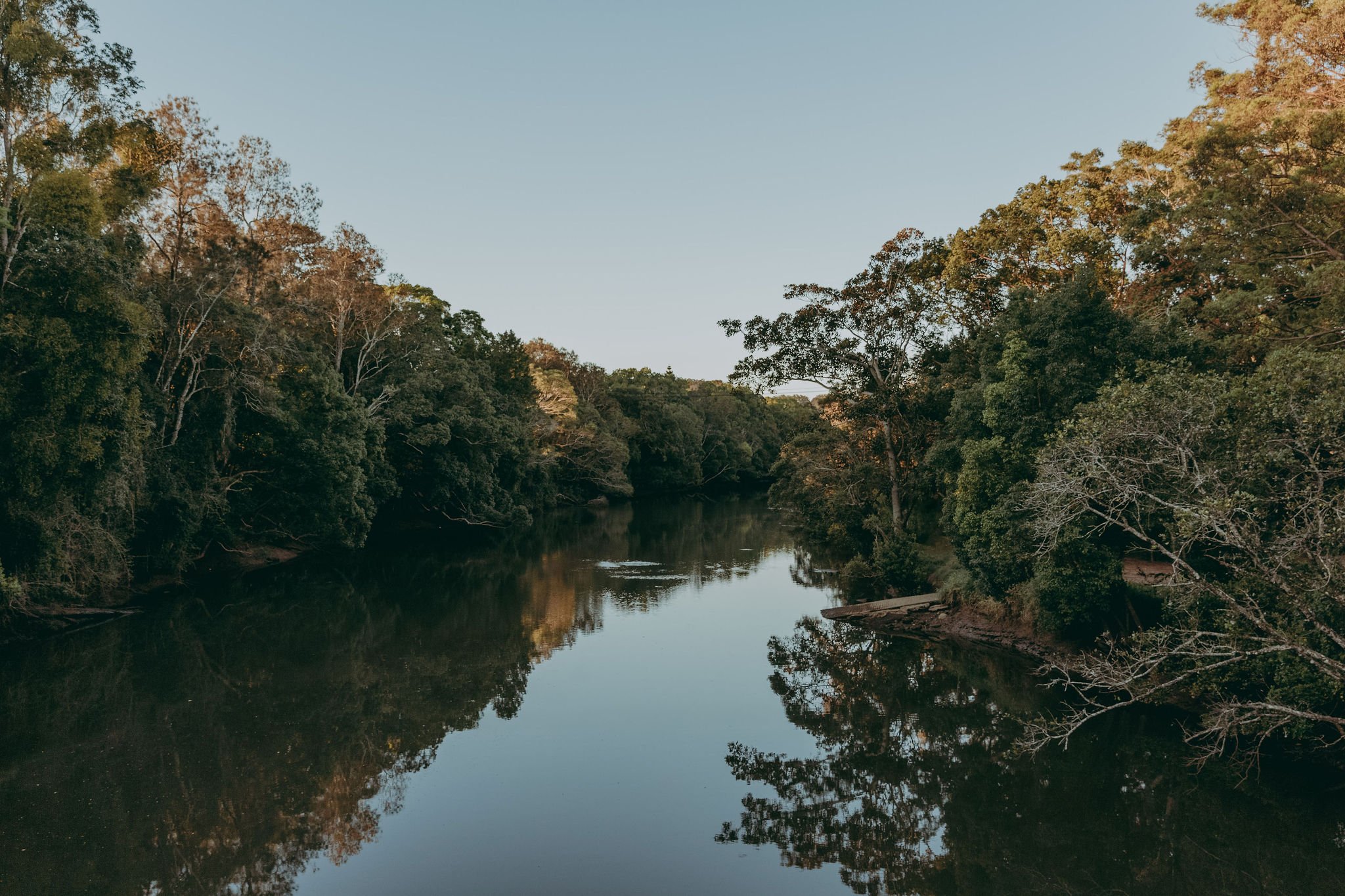 A calm river flowing through a forest with trees on both sides, reflecting the sky and trees in the water.