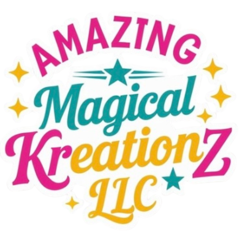 Colorful logo with the words "Amazing Magical Kreationz LLC" in pink, teal, and gold with stars around the text.