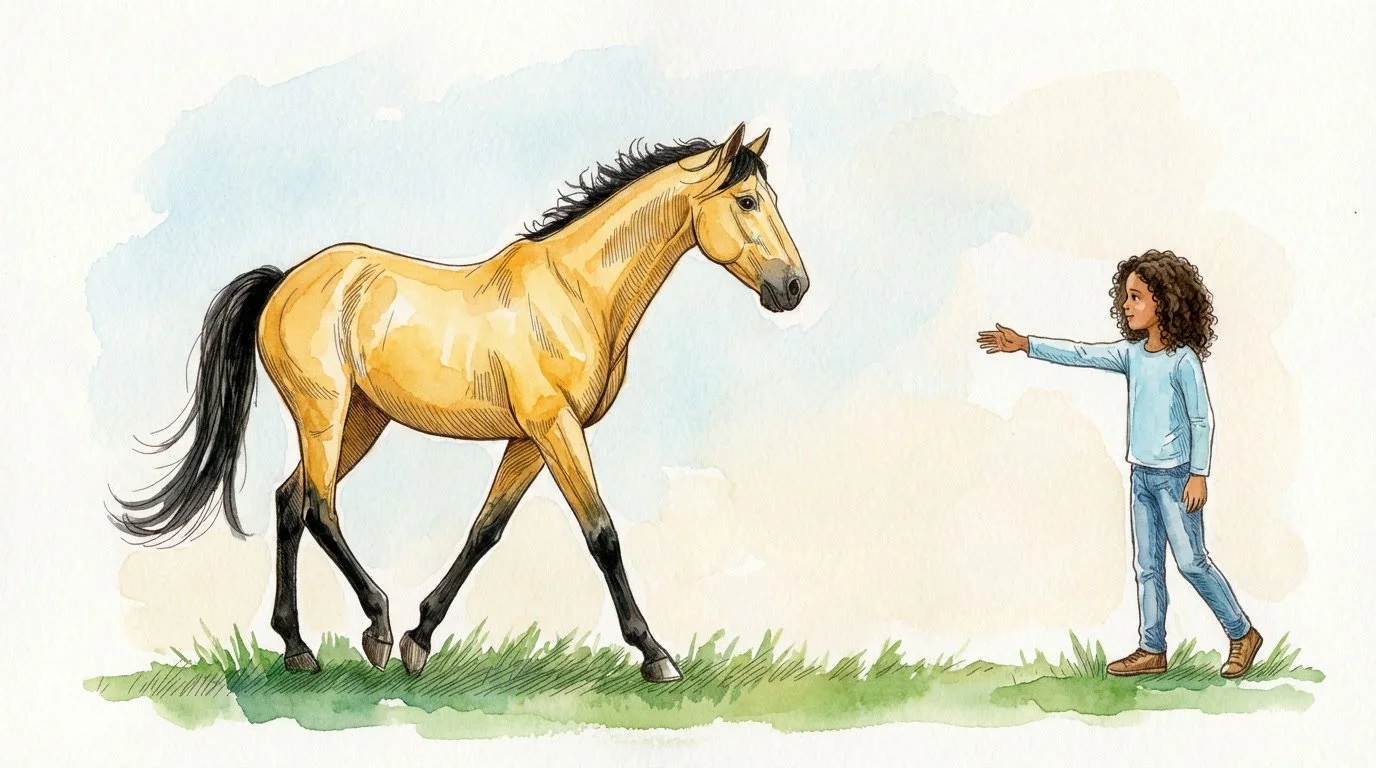 A rescued horse choosing to leave its herd to approach a person standing peacefully in a 250-acre Montana pasture, representing the voluntary bond of choice-based horsemanship.