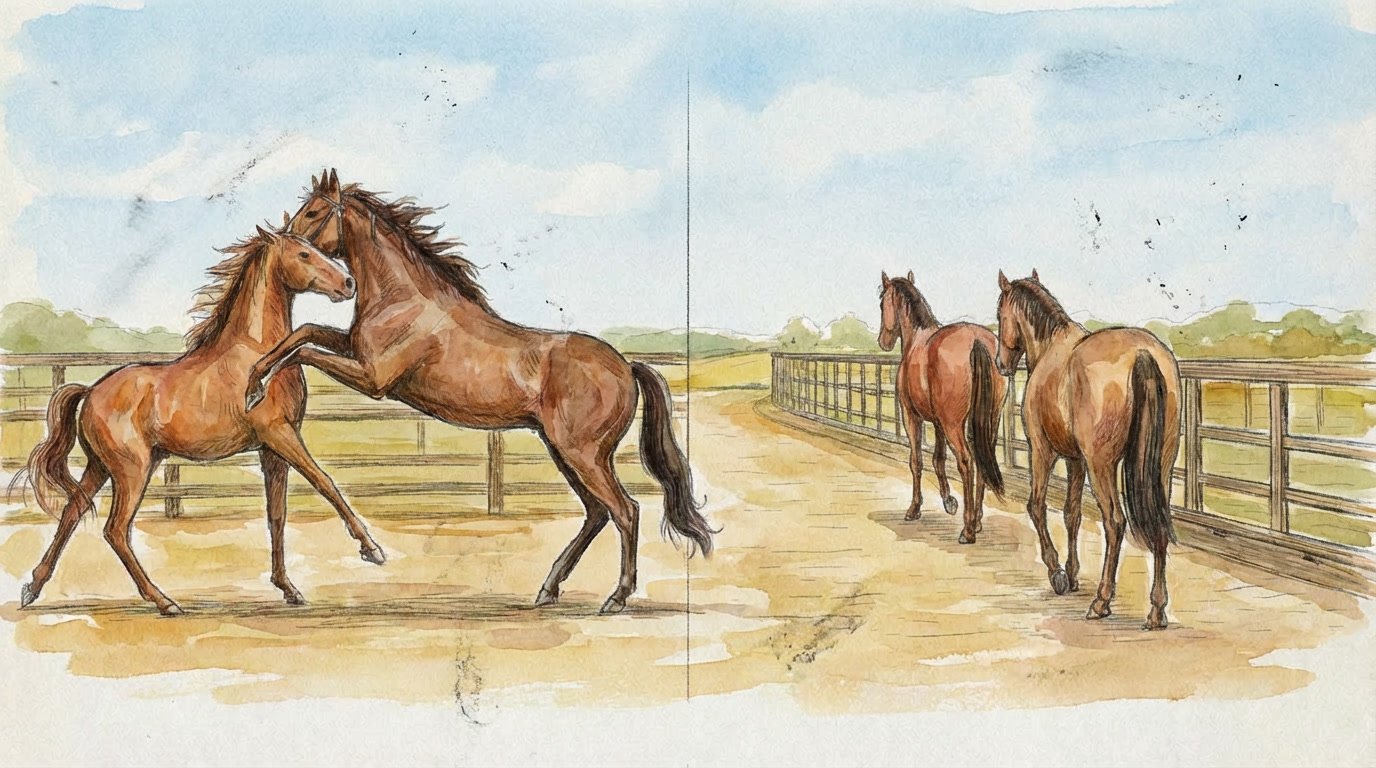A split-screen watercolor illustration showing horses in a traditional square paddock with social tension versus horses moving peacefully in a linear sequence on a Paddock Paradise track system.