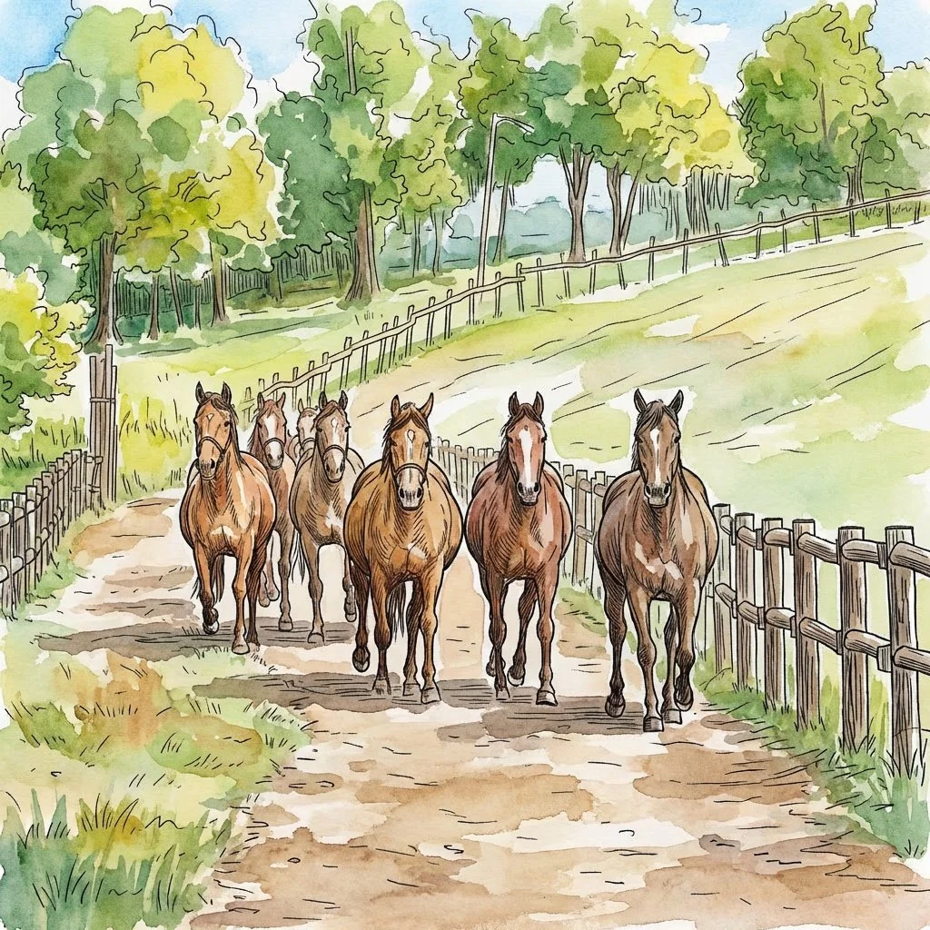 Rescue Horses commuting across a long-distance track system at Karma Ranch Montana to improve metabolic health.