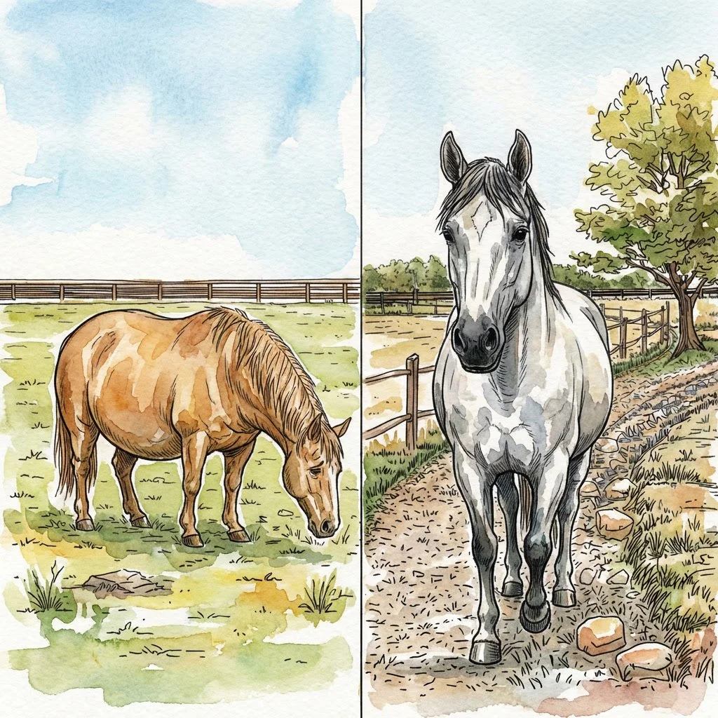 A split-screen watercolor illustration showing an obese horse grazing in a traditional pasture versus a fit, healthy horse moving on a varied terrain Paddock Paradise track system.