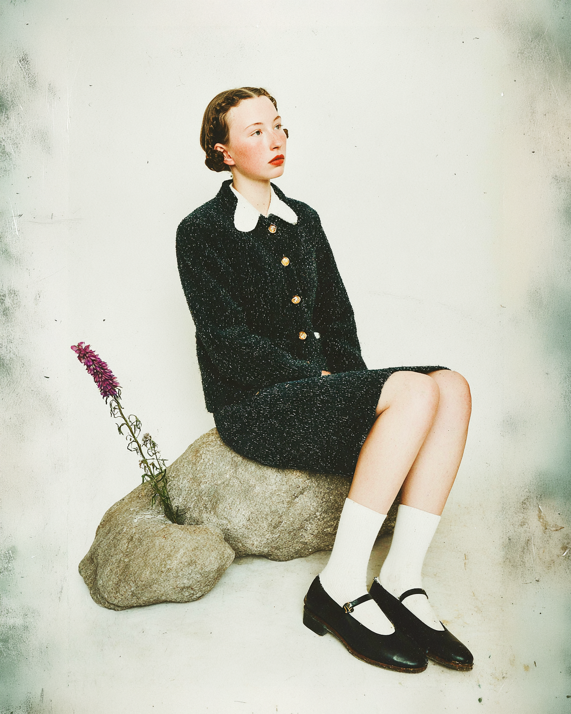 A young woman with short brown hair seated on a large rock with a pink flower growing from it, wearing a black dress with white collar, white socks, and black shoes, set against a plain white background.