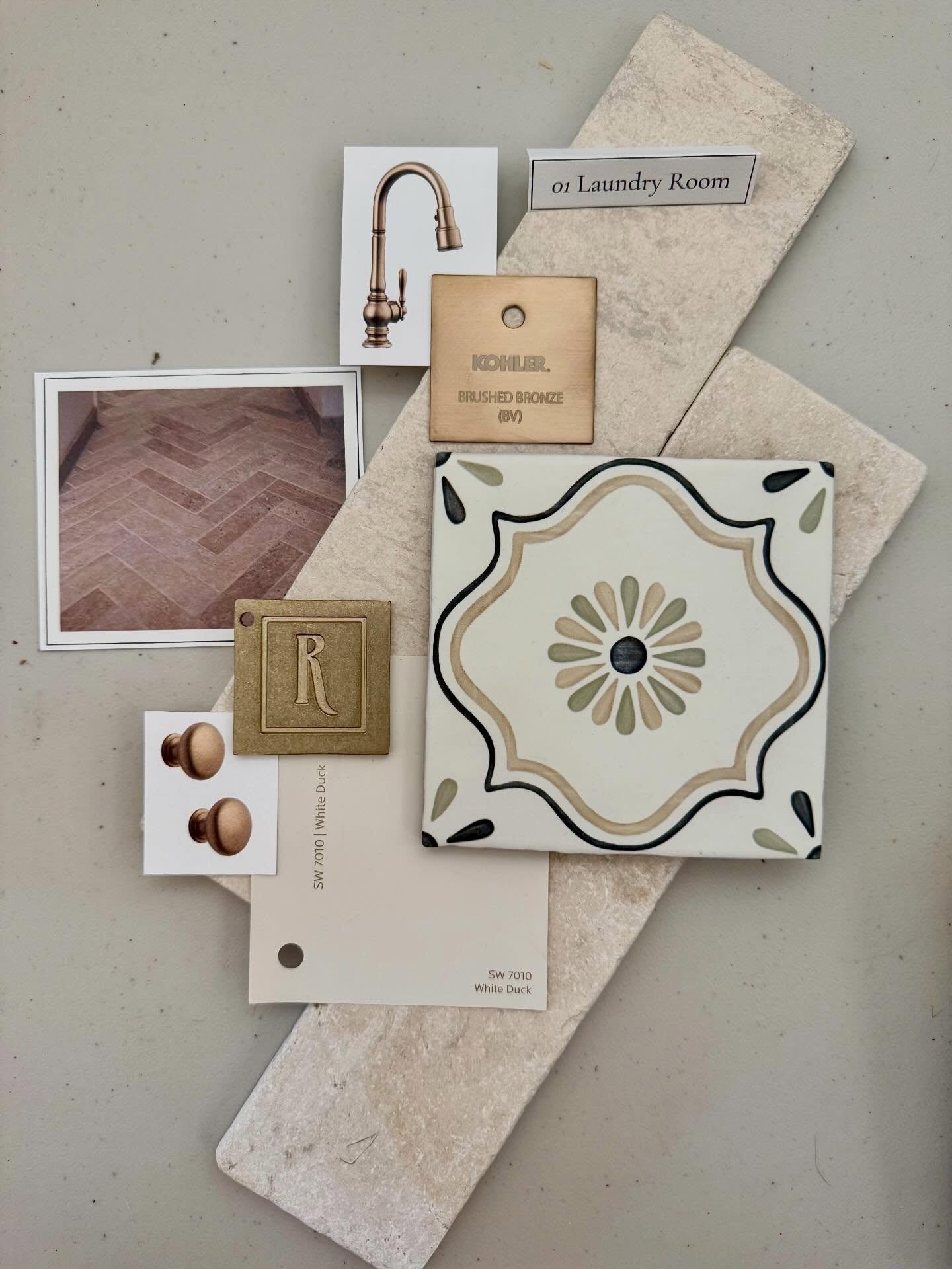 LAUNDRY ROOM PALETTE // CARLSBAD RENOVATION

Painted tile, warm white cabinetry, and herringbone limestone floors layered with brushed bronze plumbing and textured white bronze hardware.

Calm, warm, and designed for a small but hardworking space.

#