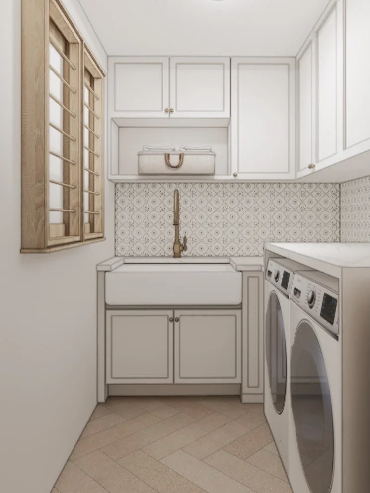 Functional compact laundry room loading 💭 we are removing the standard door and replacing it with a pocket door to free up wall space for fold down drying racks, maximizing the cabinetry within the space and installing a large farm sink, adding a fo
