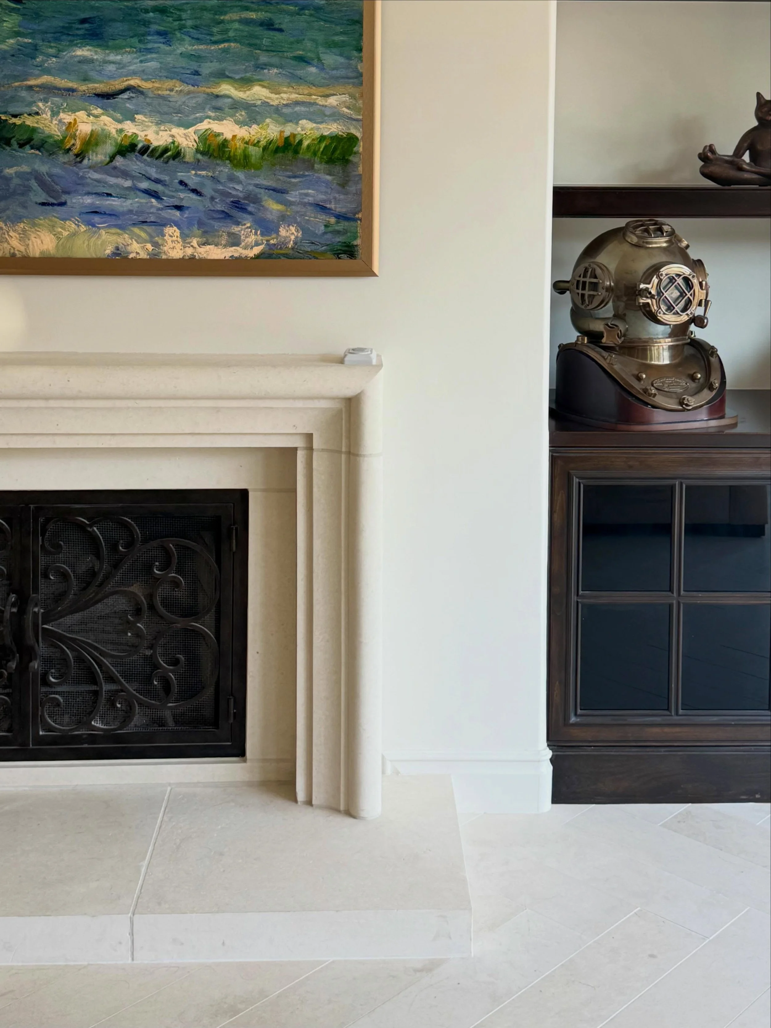 A little limestone-on-limestone moment. 🤍

We carried the white limestone from the new herringbone floors up into a custom fireplace surround, creating a lighter, more architectural focal point that feels right at home in the space.

Swipe to see wh