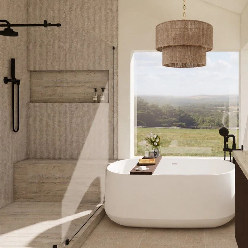 Going a little more ✨ modern ✨ with this primary bath.

Smoked oak, travertine, textured limestone, and woven jute create a space that feels warm, relaxing, and effortlessly refined.

Loving the return of darker woods, what about you?

Travertine | L