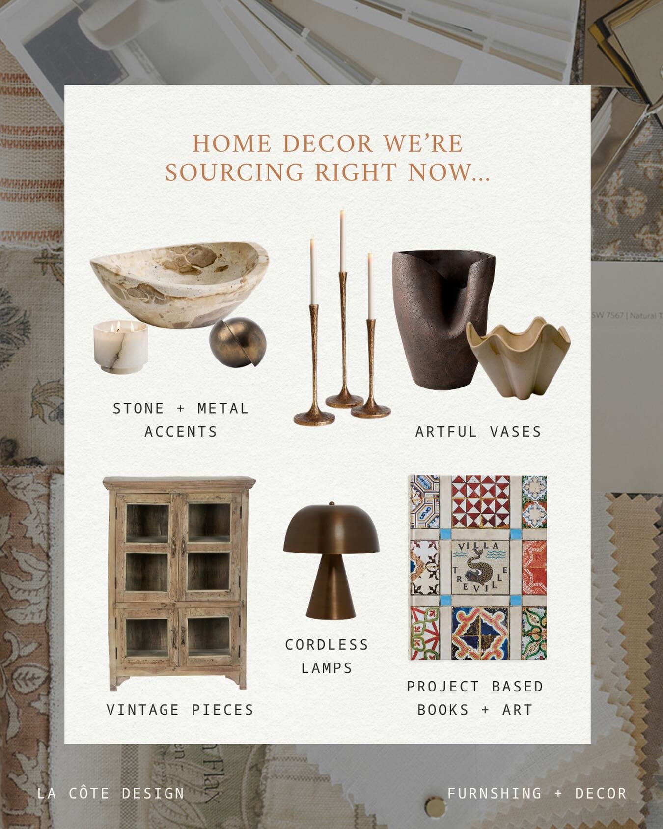 Decorating with unique pieces that feel collected over time >>> a few things we&rsquo;ve been sourcing for our clients this month. 

Vintage finds, sculptural accents, and pieces with a little story to them. We love blending old + new to cre
