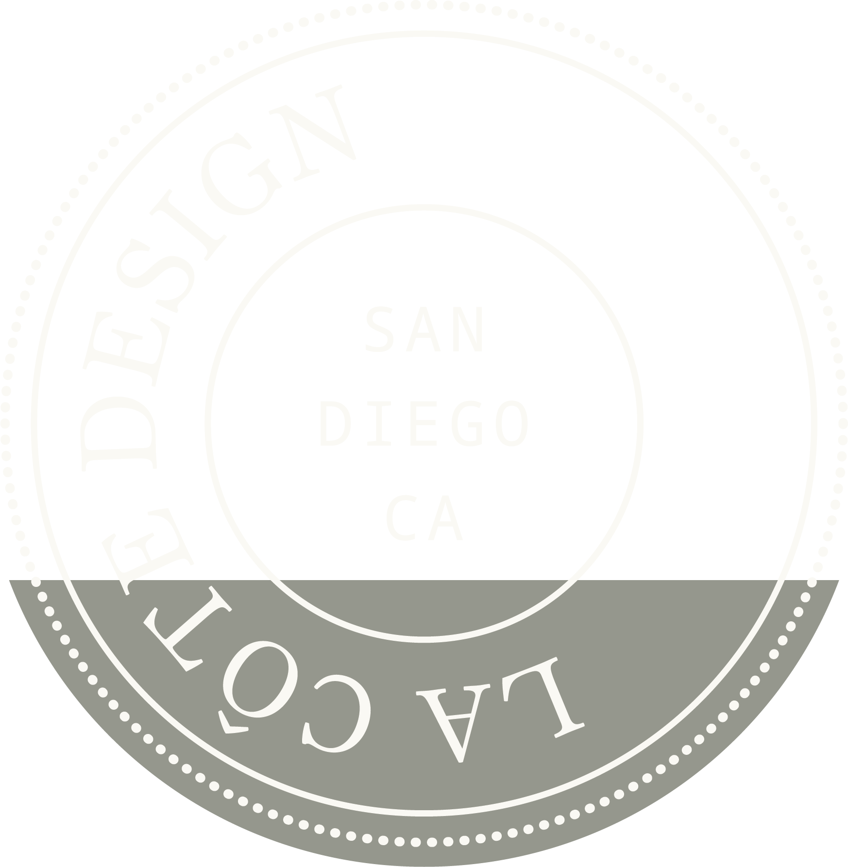 Circular black and gray seal with white text and dotted border. The outer ring reads 'LACOSTE DESIGNS'. The inner circle contains the words 'SAN DIEGO CA'.