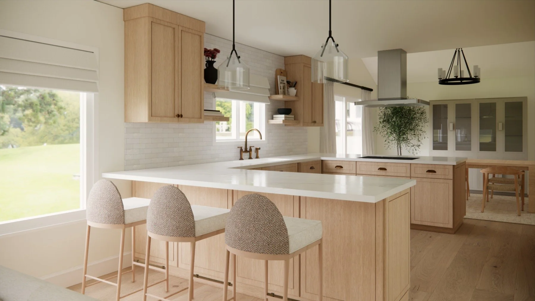 Bright kitchen with light wood cabinets, white countertops, and a breakfast bar with three upholstered stools. Includes windows, hanging pendant lights, and a kitchen island with a cooktop and range hood. Decorative plants and shelves are present.