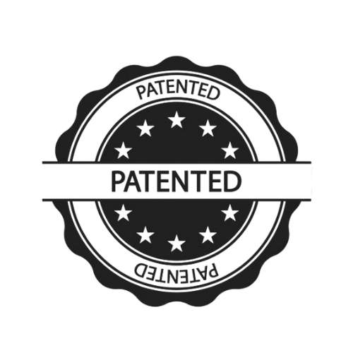 A black and white stamp-like graphic with the word 'PATENTED' repeated three times around the circle and across the middle.