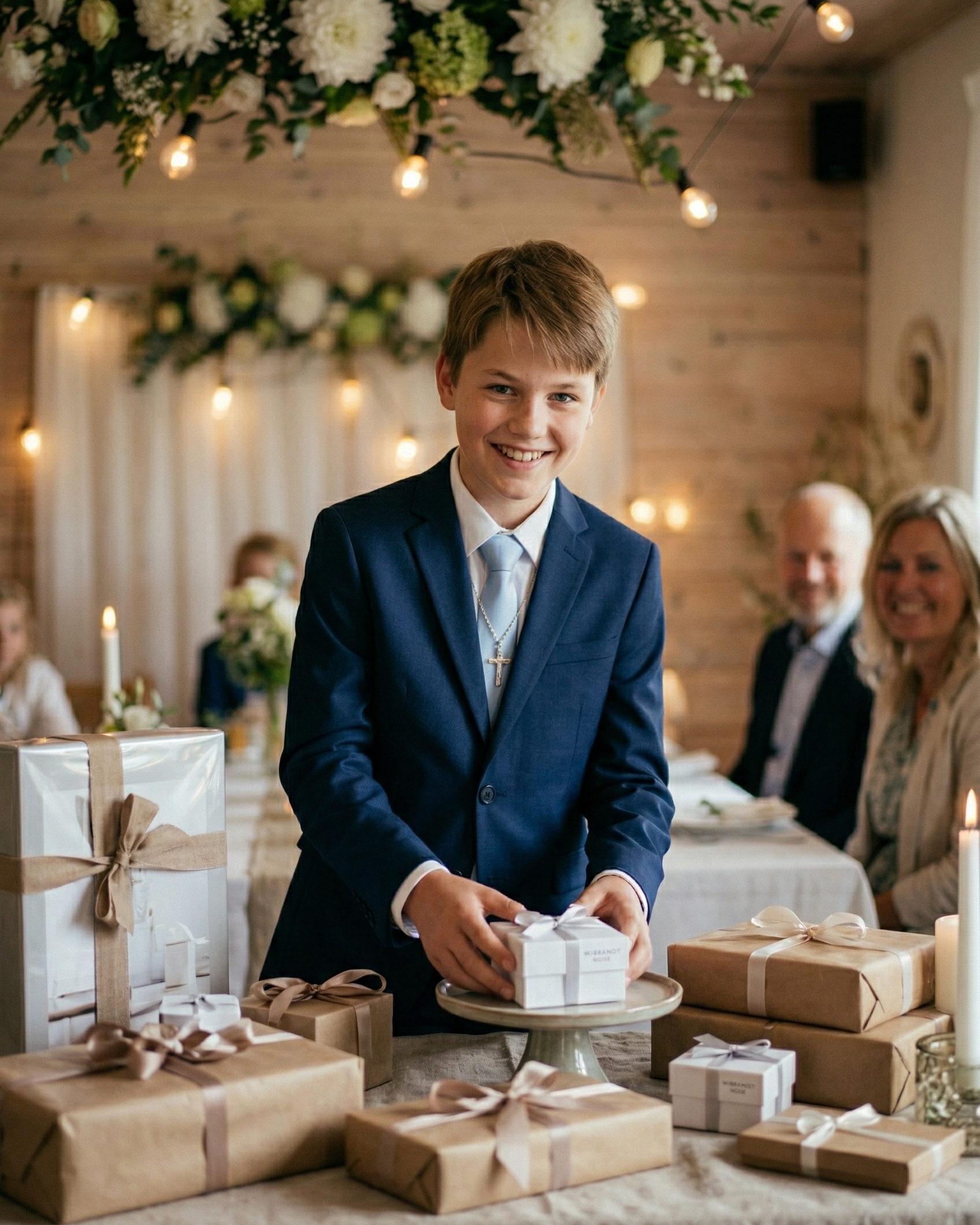 En glad konfirmand står op ved et gavebord med et gavekort til en indspilning i Wibrandt Noise lydstudie i Solrød.