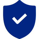 A navy blue shield with a checkmark in the center