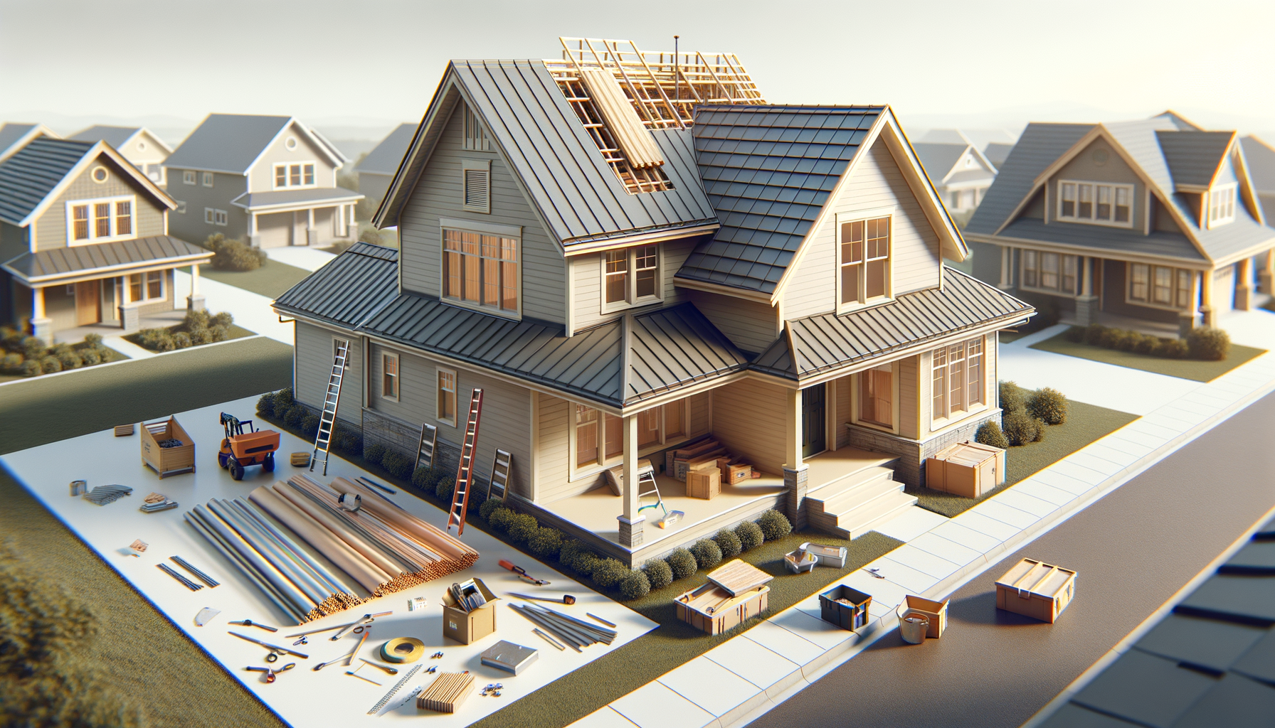 A detailed miniature model of a house under construction with various building tools and materials nearby.