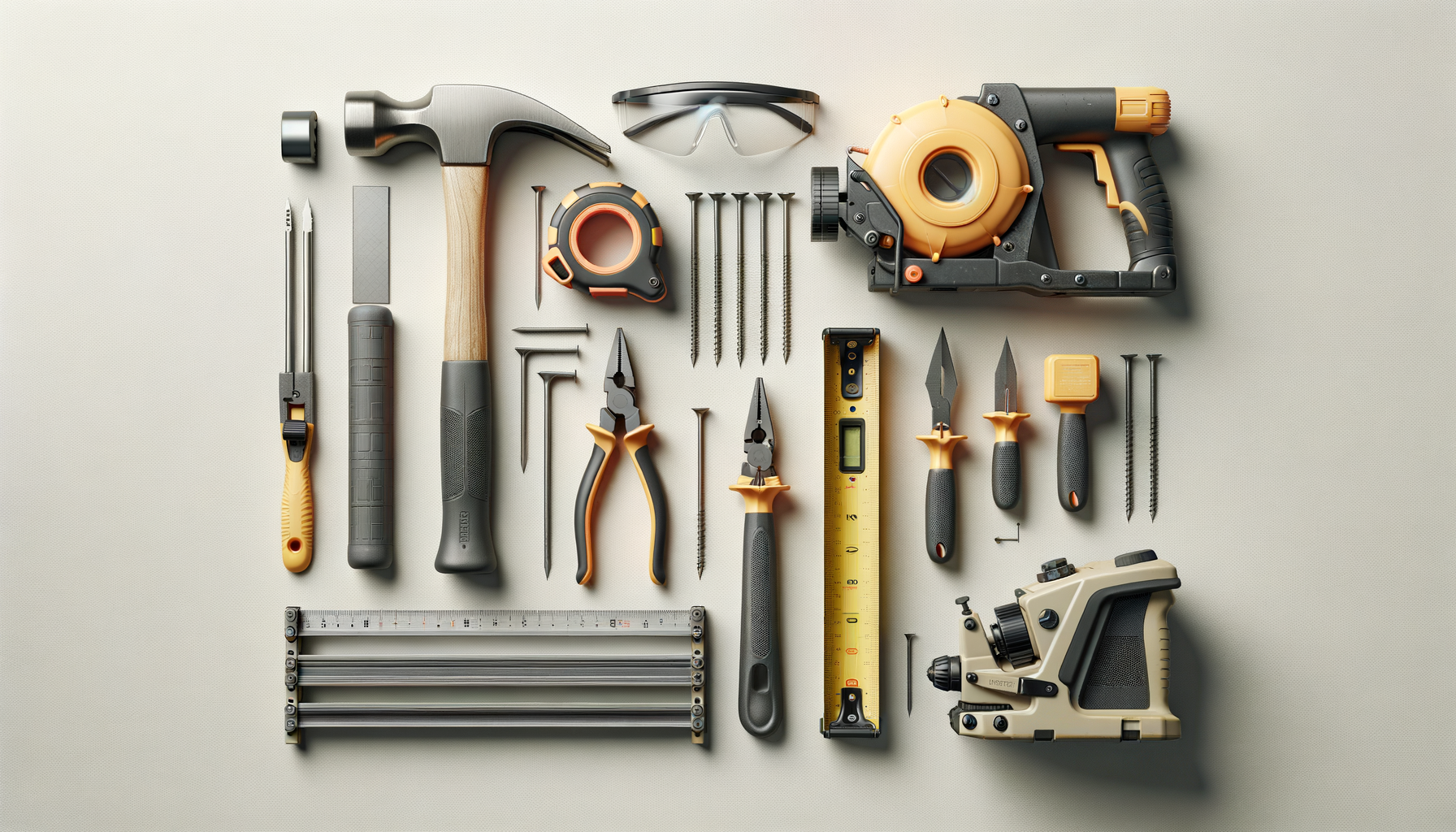 Set of hand tools and power tools arranged on a light-colored surface, including a hammer, safety glasses, tape measure, cordless drill, pliers, screwdrivers, a level, a staple gun, a router, and other small tools.