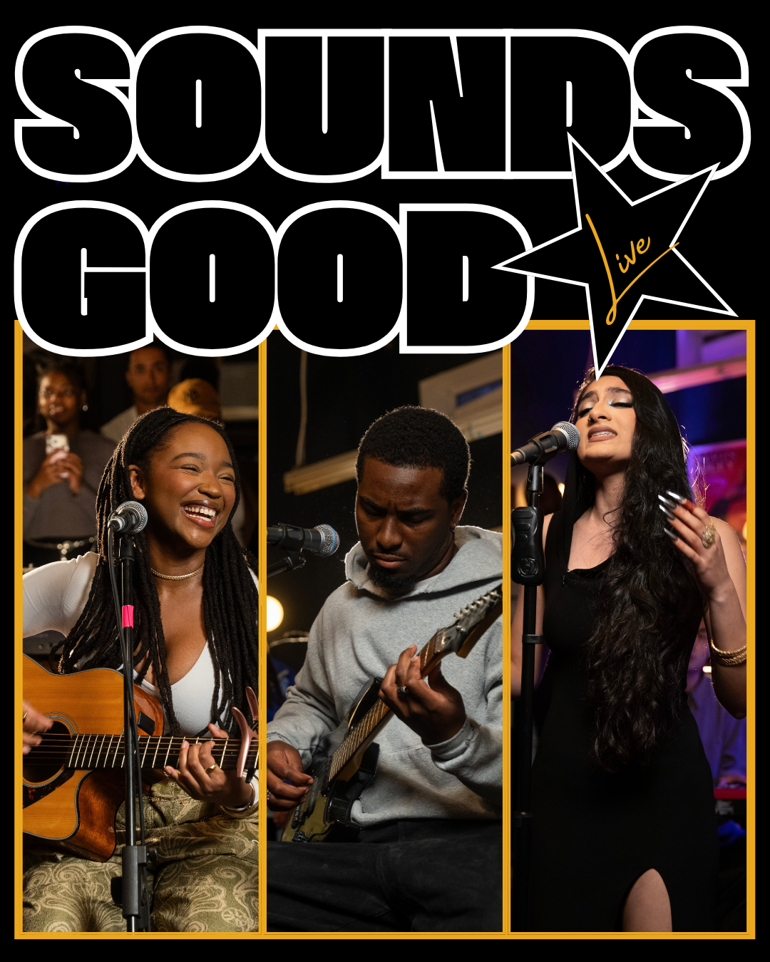 Cover photo with the phrase "Souls of Good" in large text, a star with the words "I've" written inside, and three performers singing and playing instruments at a live music event.