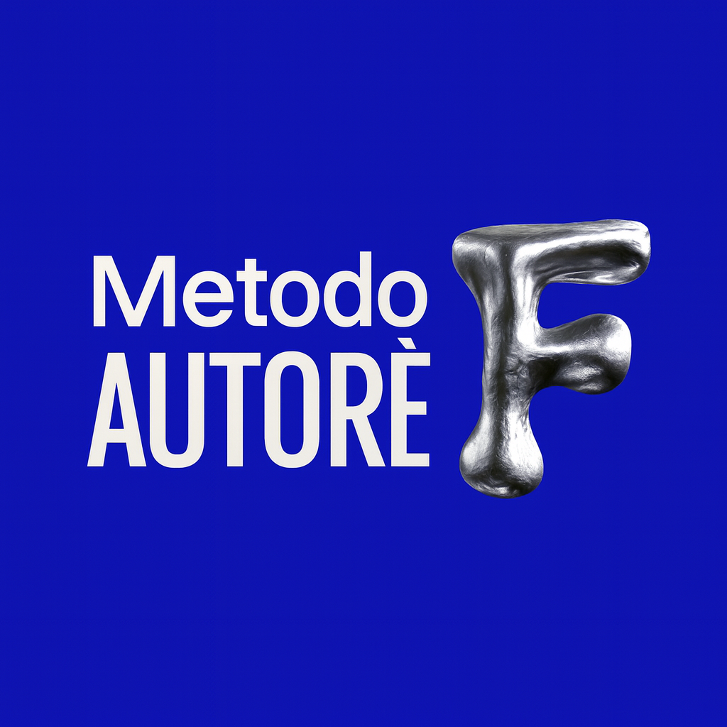 Illustrazione con sfondo blu scuro, testo bianco 'Metodo AUTORÈ' e una figura astratta di colore argento a forma di lettera F.