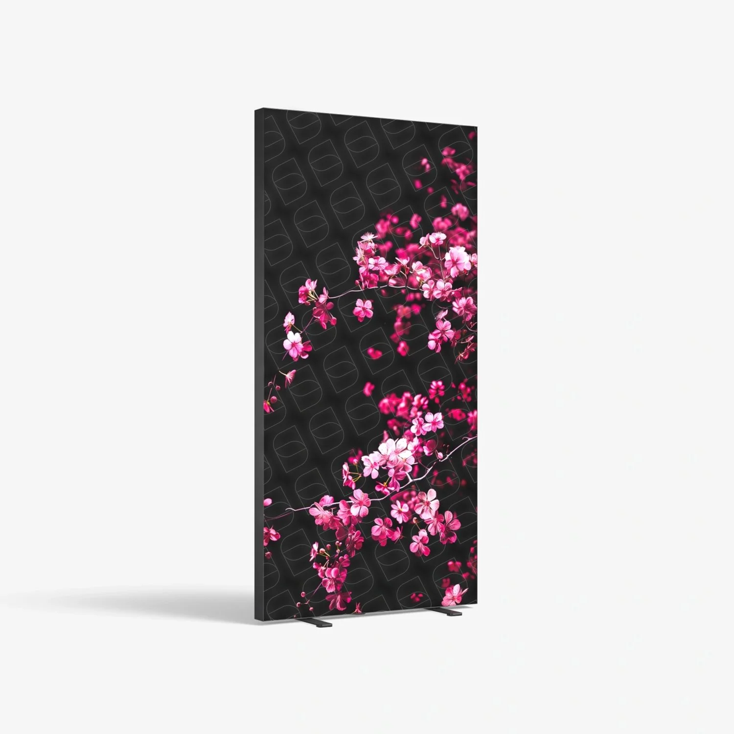 Lightbox LED pubblicitario con decorazione di fiori rosa su sfondo nero.