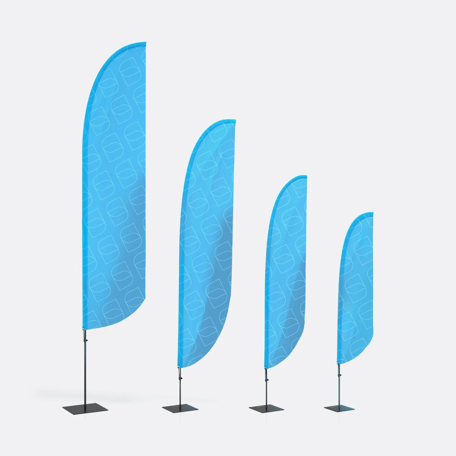 Set di quattro bandiere a vela di diverse dimensioni, tutte di colore blu, utilizzate come segnaletica o decorazione.