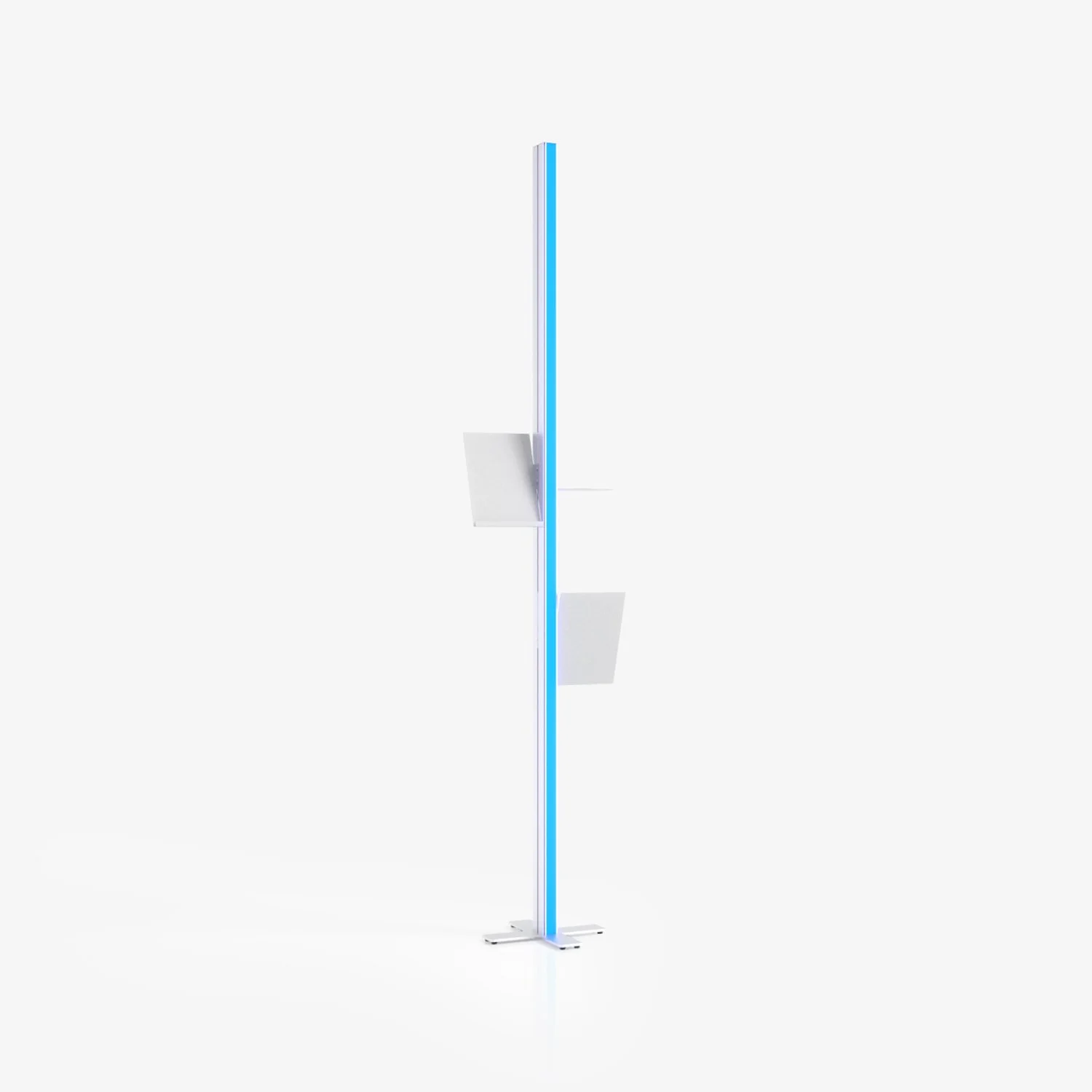 Palo luminoso con luci blu e due pannelli metallici laterali, posizionato su una base bianca.