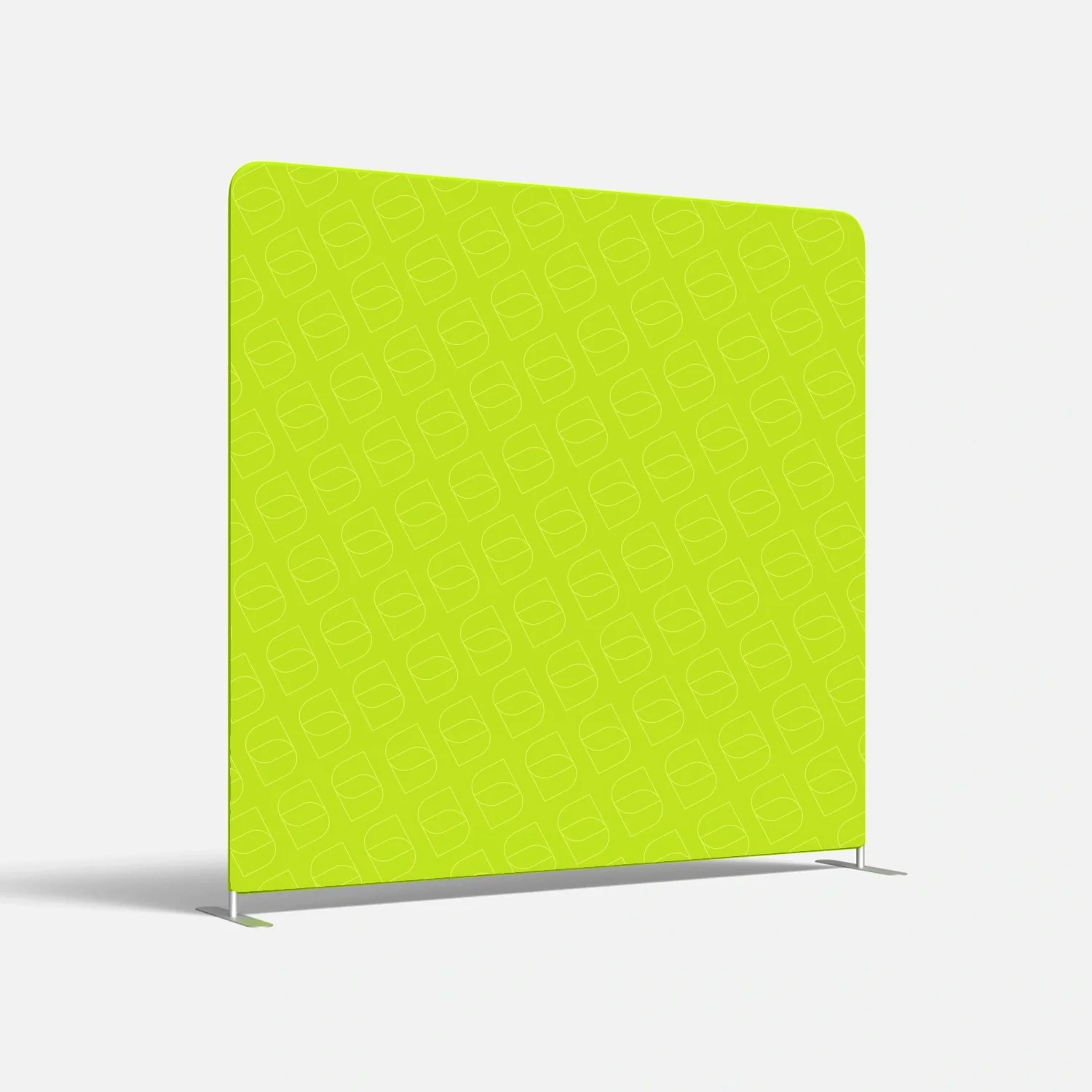 Parete pubblicitaria grande verde lime con motivo geometrico di linee e forme circolari