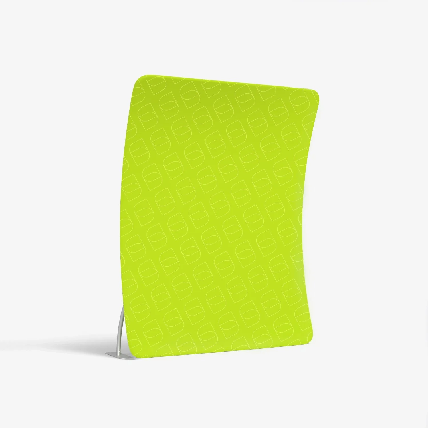 Parete pubblicitaria di forma rettangolare con angoli arrotondati, di colore verde lime, con pattern di linee sottili che formano vari cicli