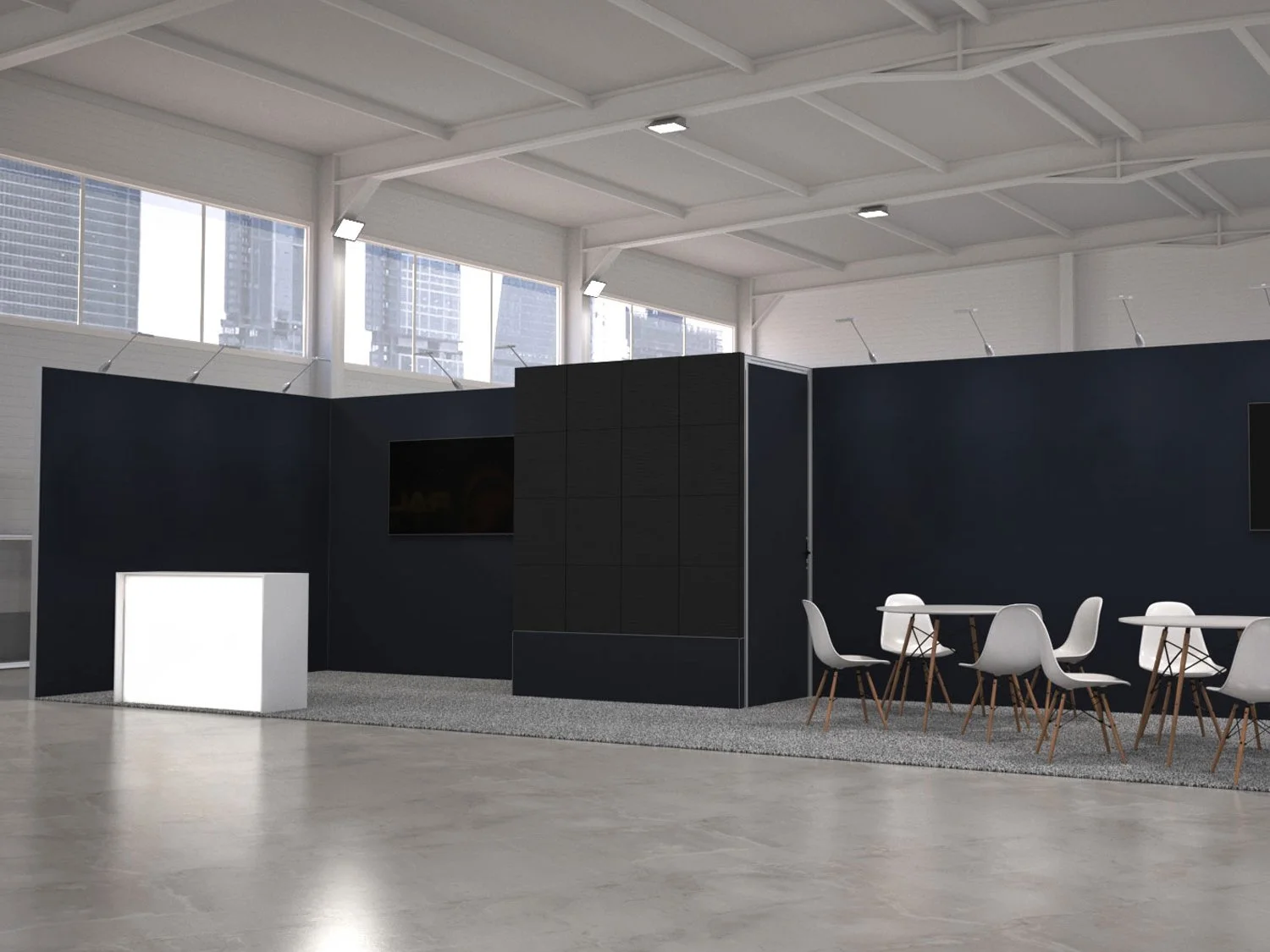 Interno di un grande spazio ufficio moderno con pareti nere, sedie bianche e tavoli, grandi finestre e un soffitto alto con luci