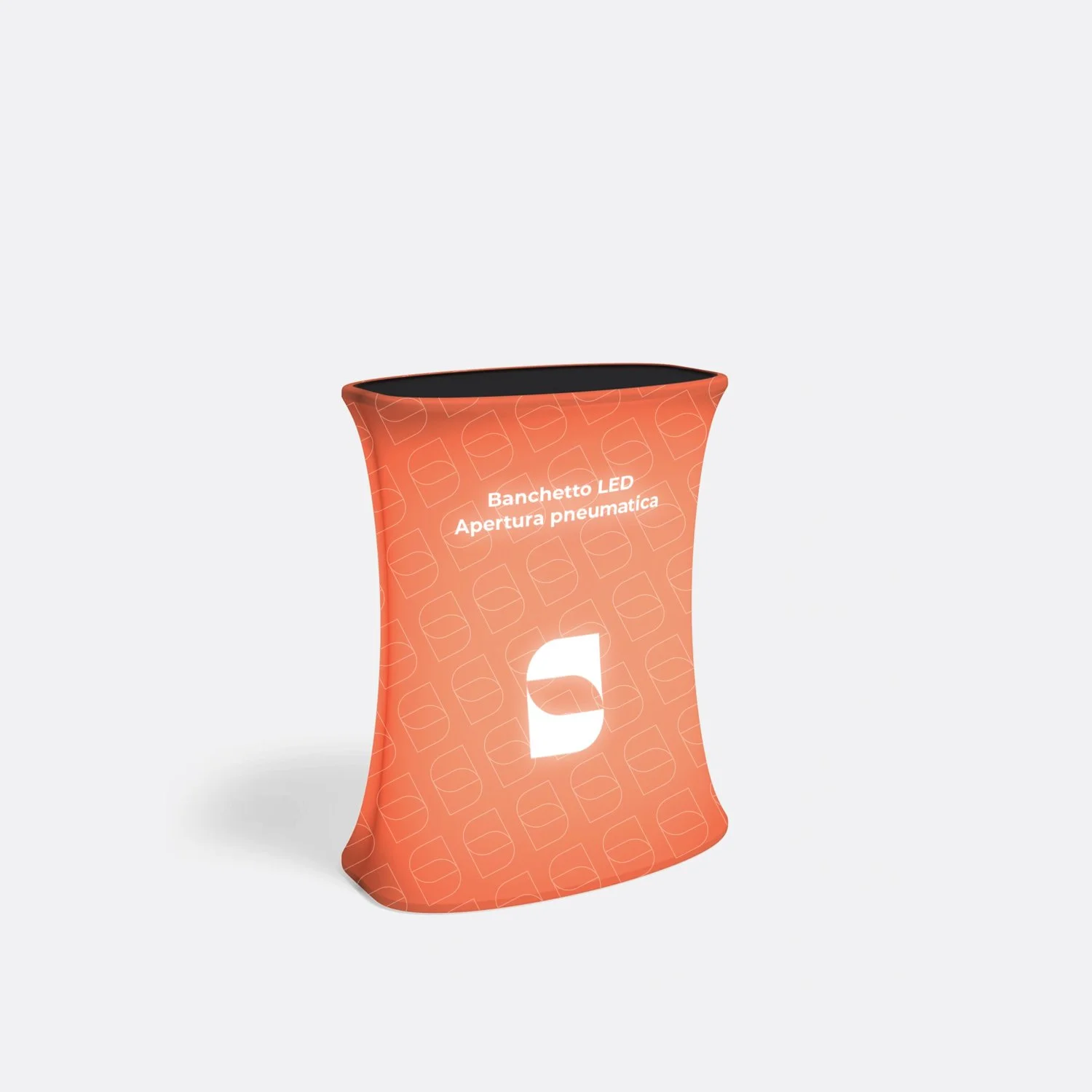 Banchetto pubblicitario con apertura pneumatica, di colore arancione personalizzato con logo bianco.