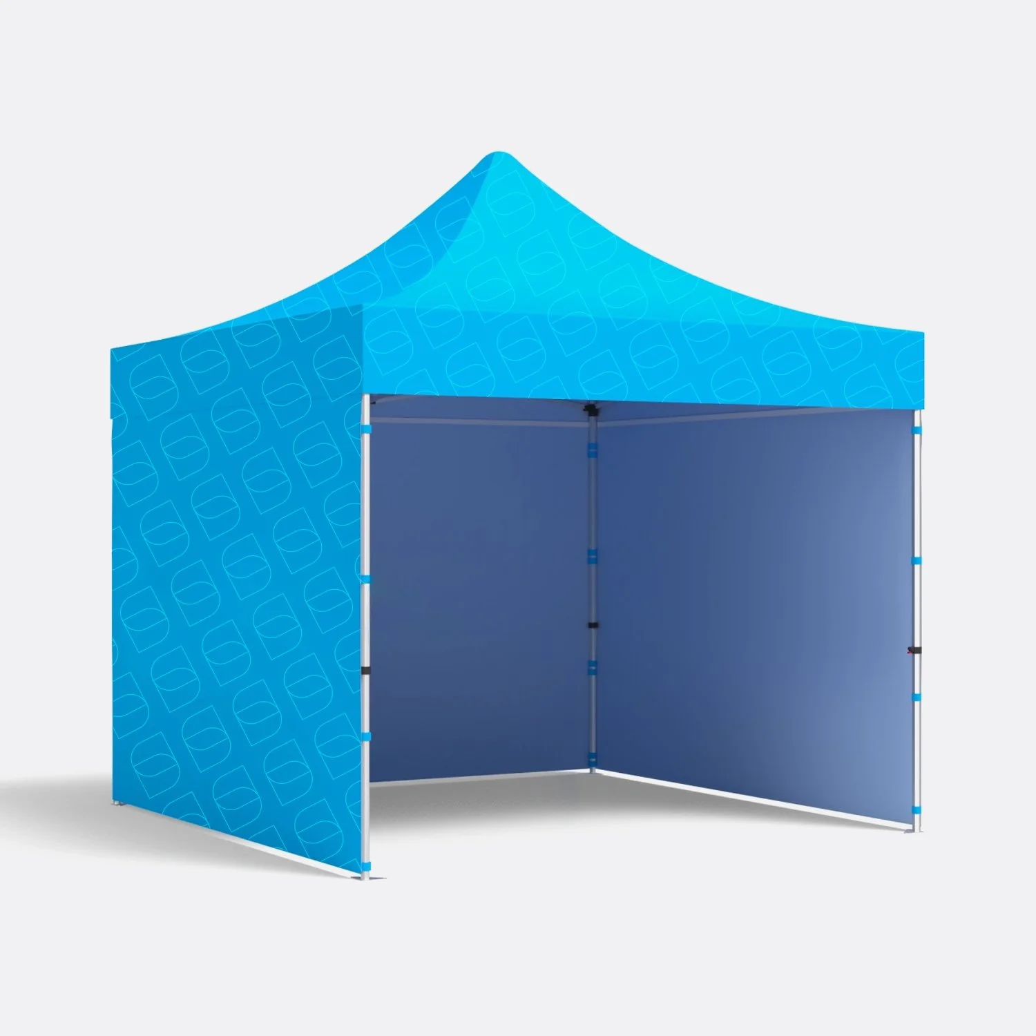Tenda pieghevole blu con pareti laterali rialzate su sfondo bianco.