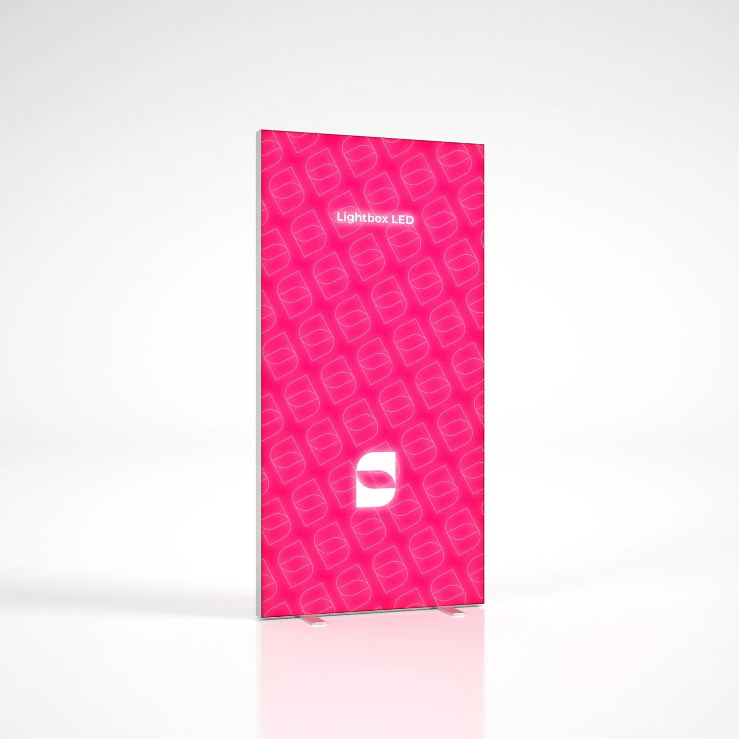 Totem luminoso LED rosa con scritta "Lightbox LED" e logo bianco in basso.
