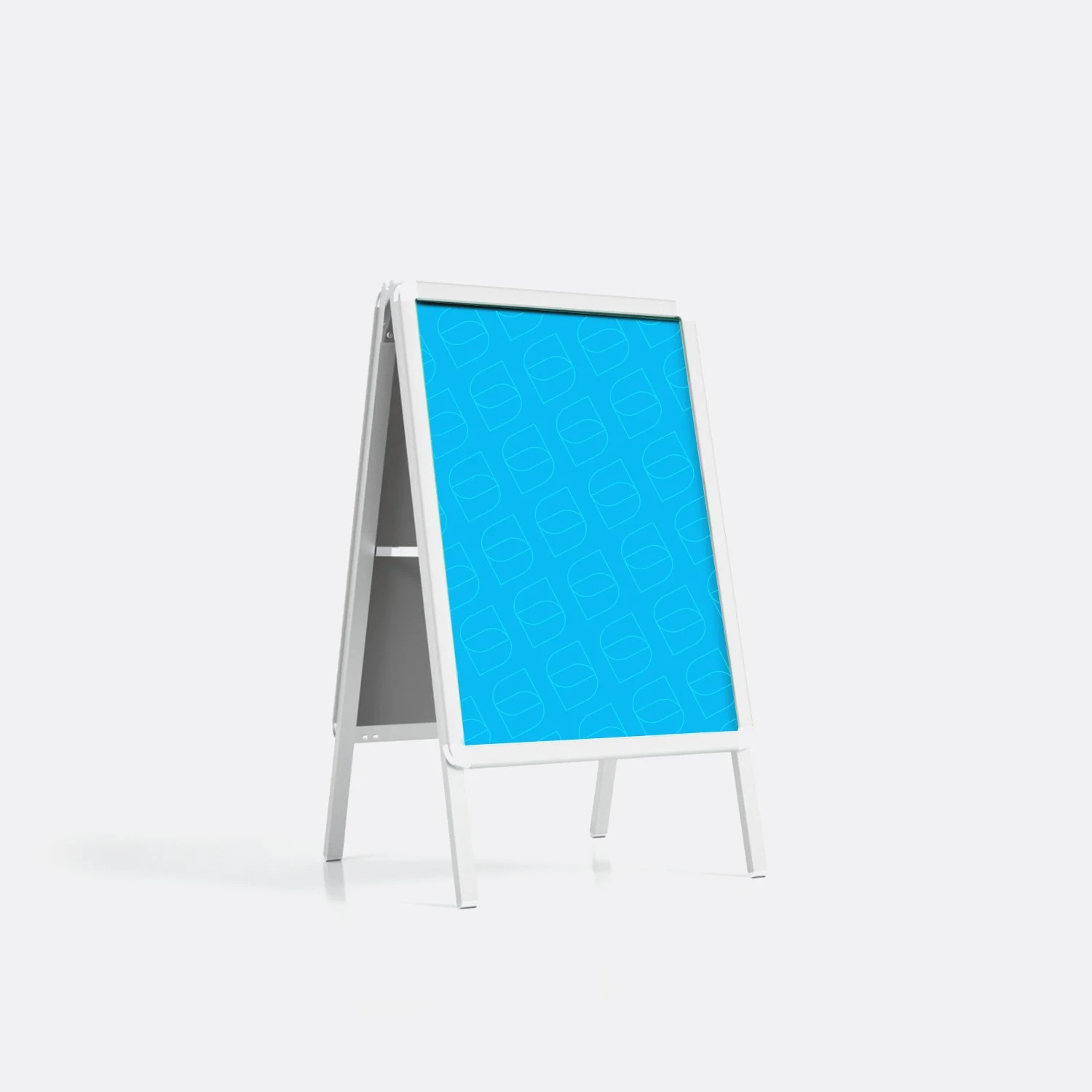 Cartellone pubblicitario a cavalletto con sfondo blu.