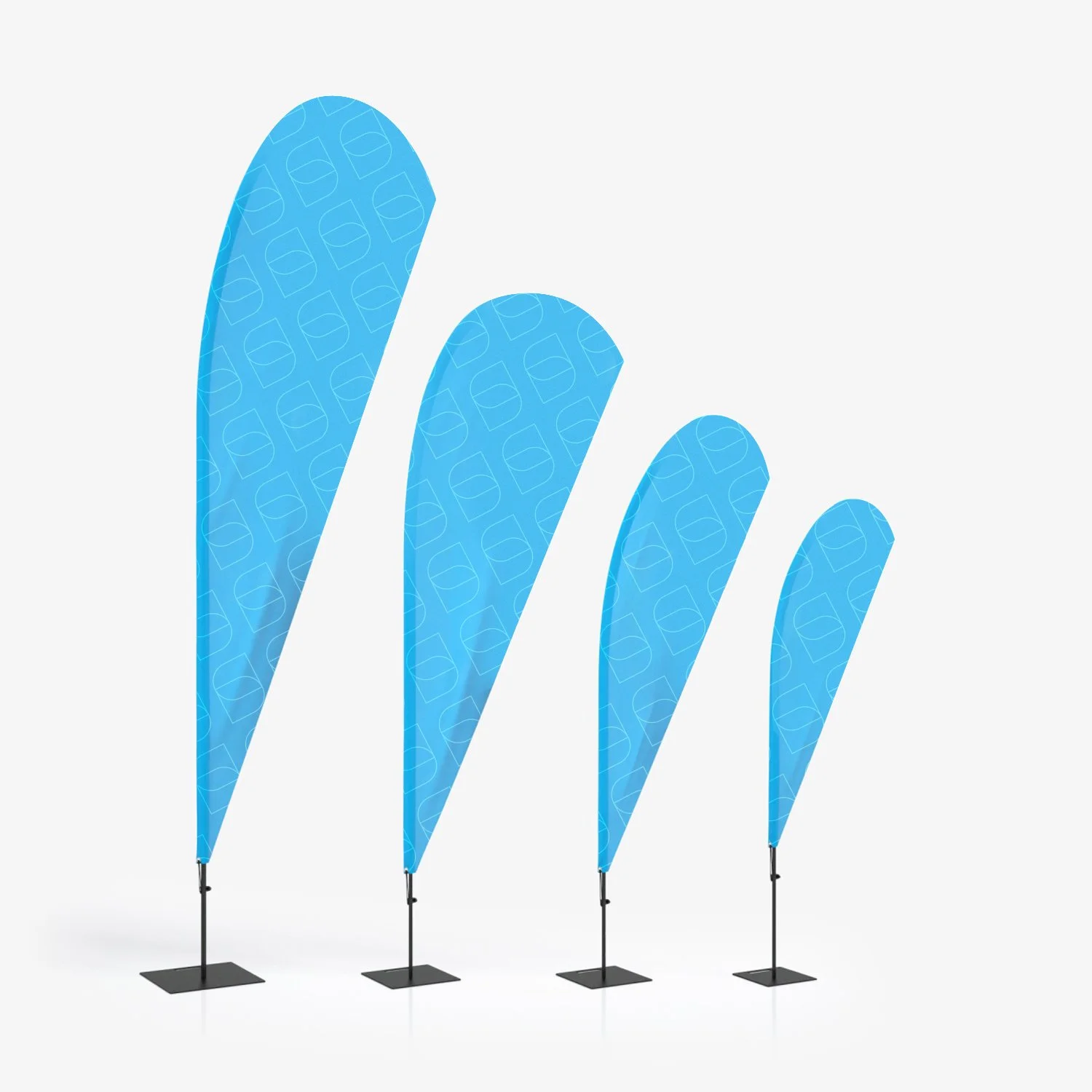 Quattro bandiere pubblicitarie blu con fondo bianco.