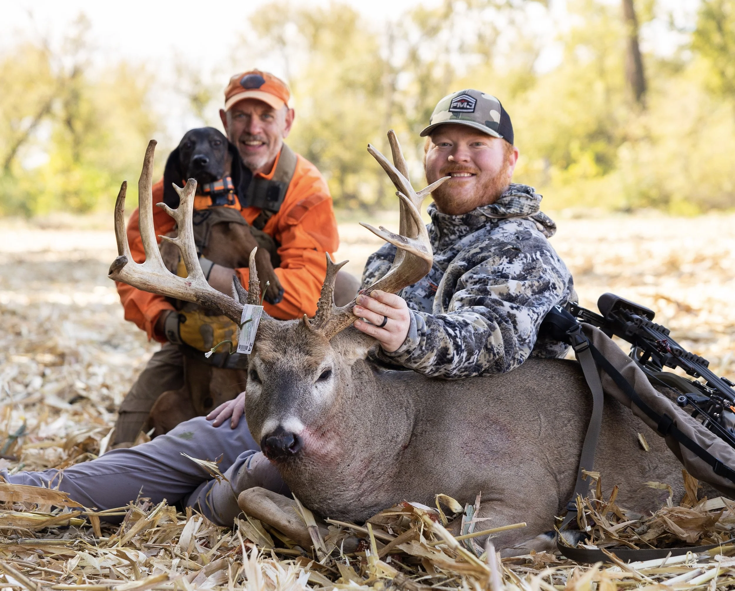 tracking dog and hunter with recovered whitetail deer during archery season