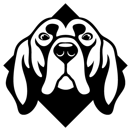 Black and white illustration of a dog's face, with a diamond-shaped border behind it.
