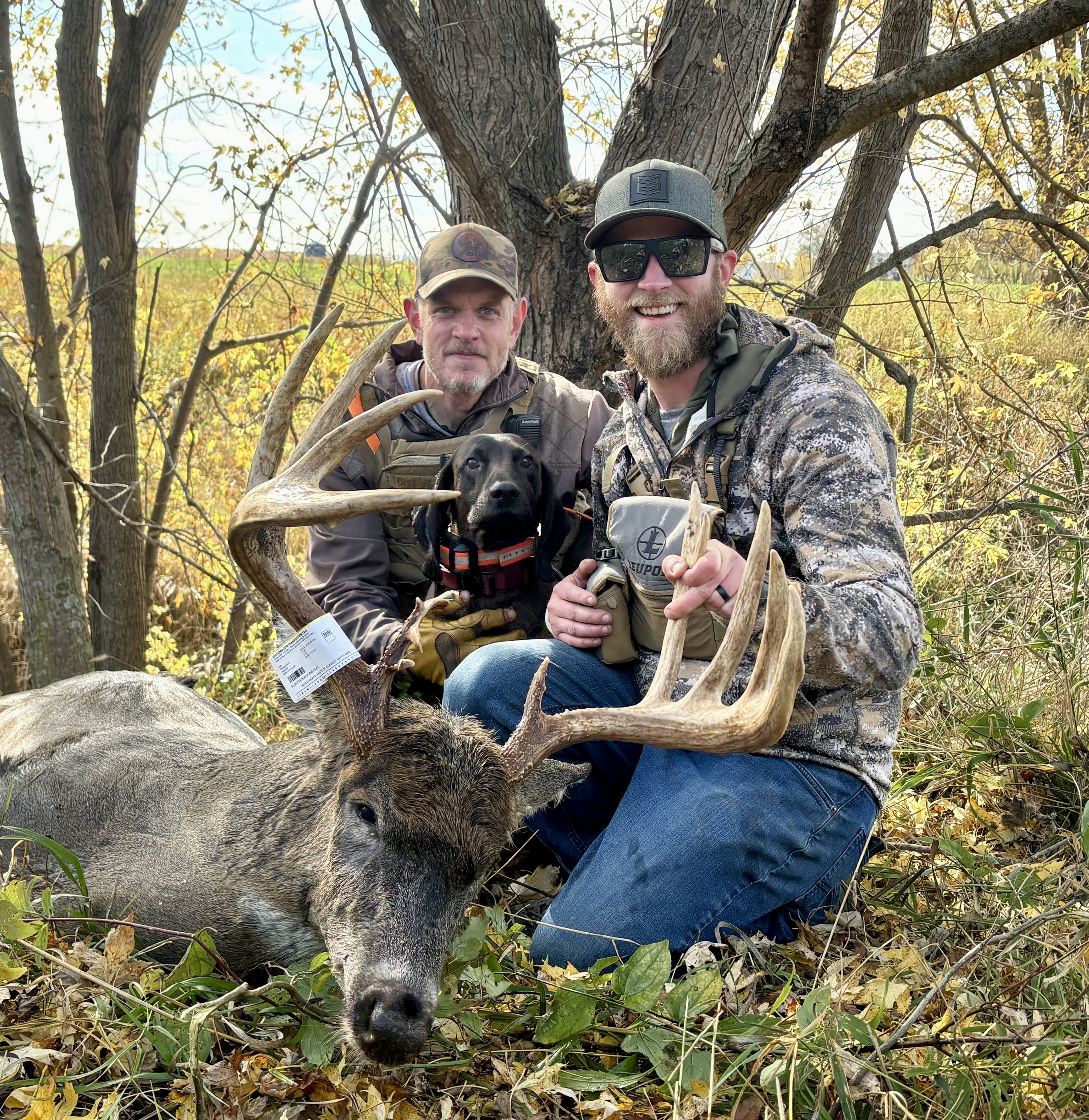 tracking dog and hunter with recovered white-tailed deer