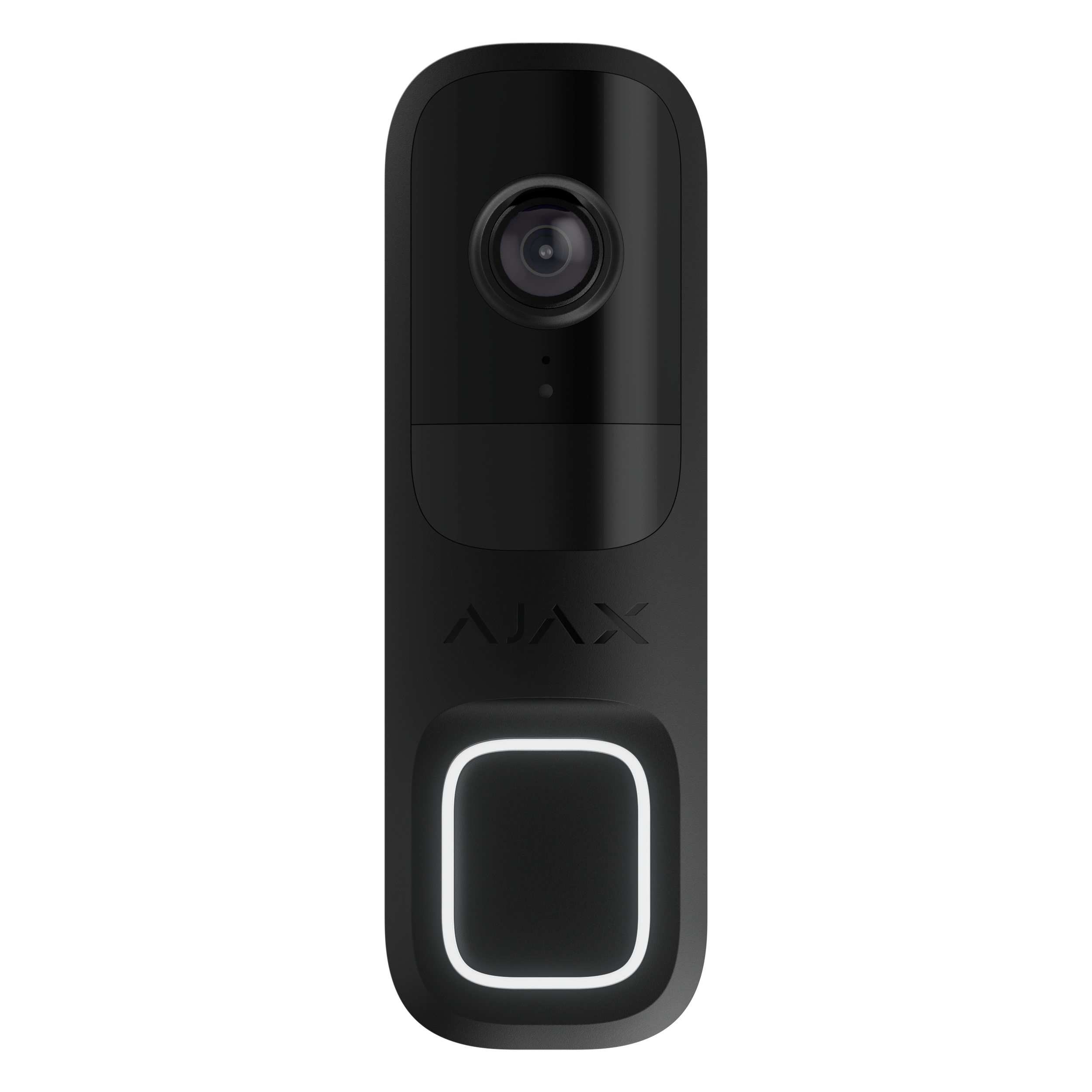 A black Ajax security camera with a large rectangular button below it, featuring a glowing white outline. part of a Complete Fire and Security System in Southampton, Hampshire.