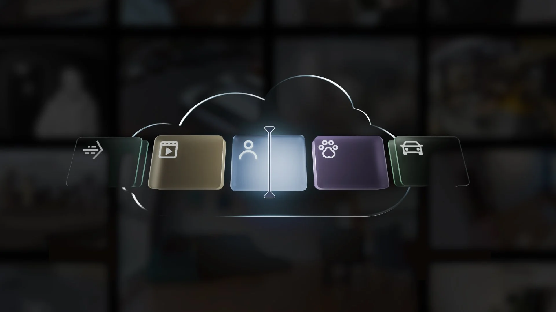 Digital cloud-based interface with icons representing different services such as delivery, video, profiles, groups, and car in a futuristic design. part of a Complete Fire and Security System in Southampton, Hampshire.