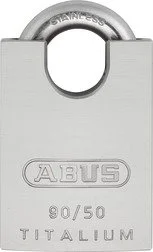 ABUS high-security padlock, silver-colored, with 'Titanium 90/50' engraved on it. part of a Complete Fire and Security System in Southampton, Hampshire.