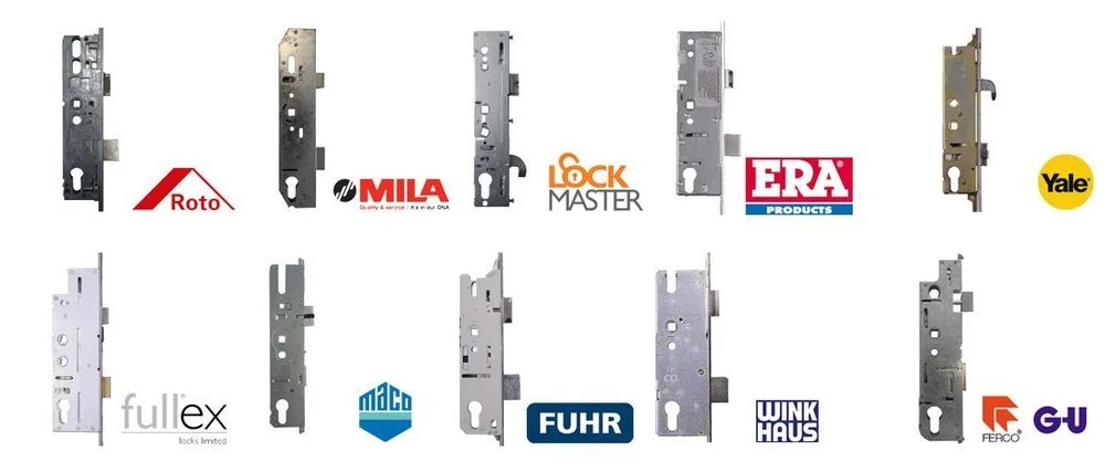 A variety of door lock mechanisms from different brands, including Roto, MILA, Lockmaster, ERA, Yale, Fullex, Maco, FUHR, Winkhaus, FERCO, and GU, arranged in two rows against a white background. part of a Complete Fire and Security System in Southam