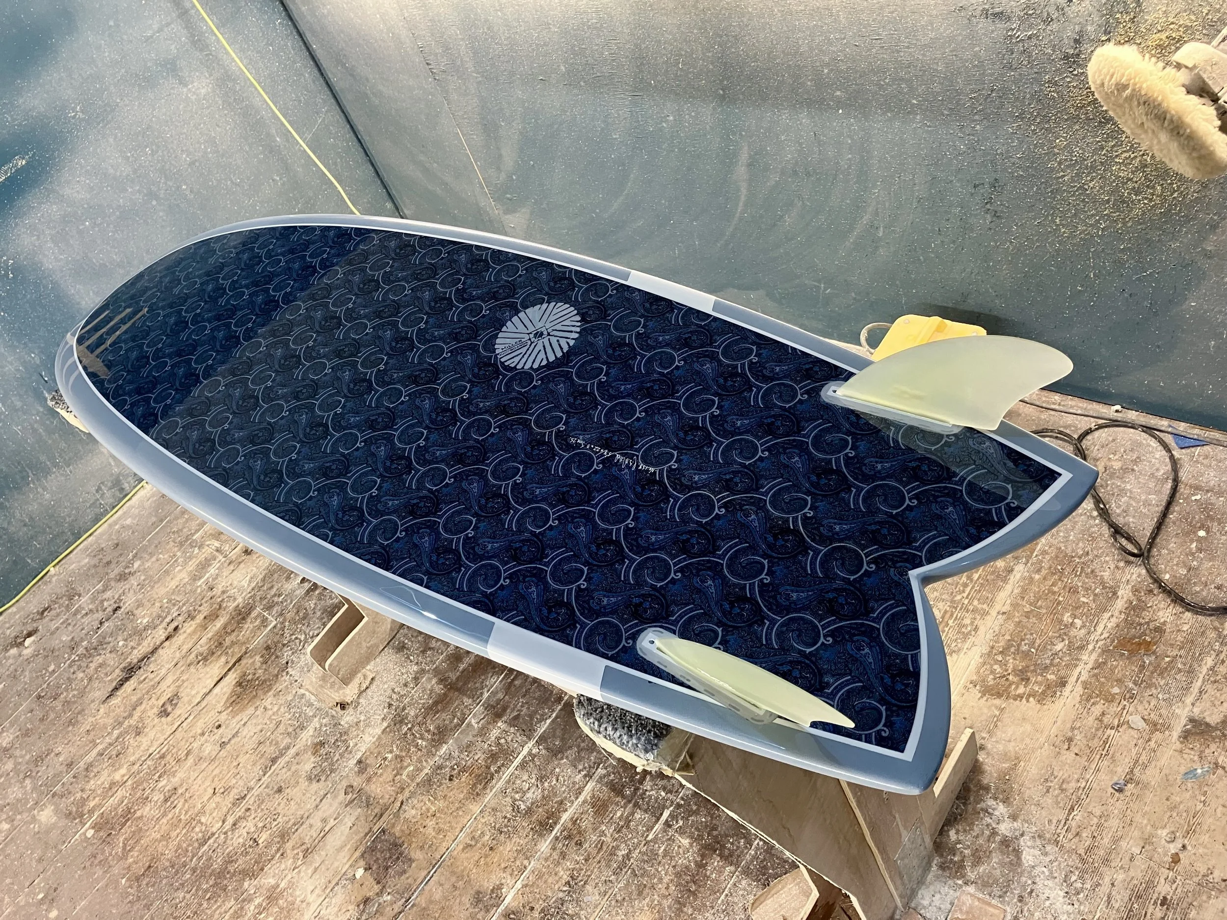 fabric inlay mini Simmons swallow tail po'boy surfboard