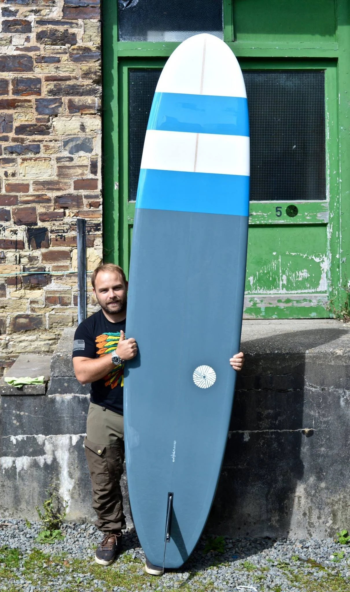 grey blue and white resin tint custom surfboard