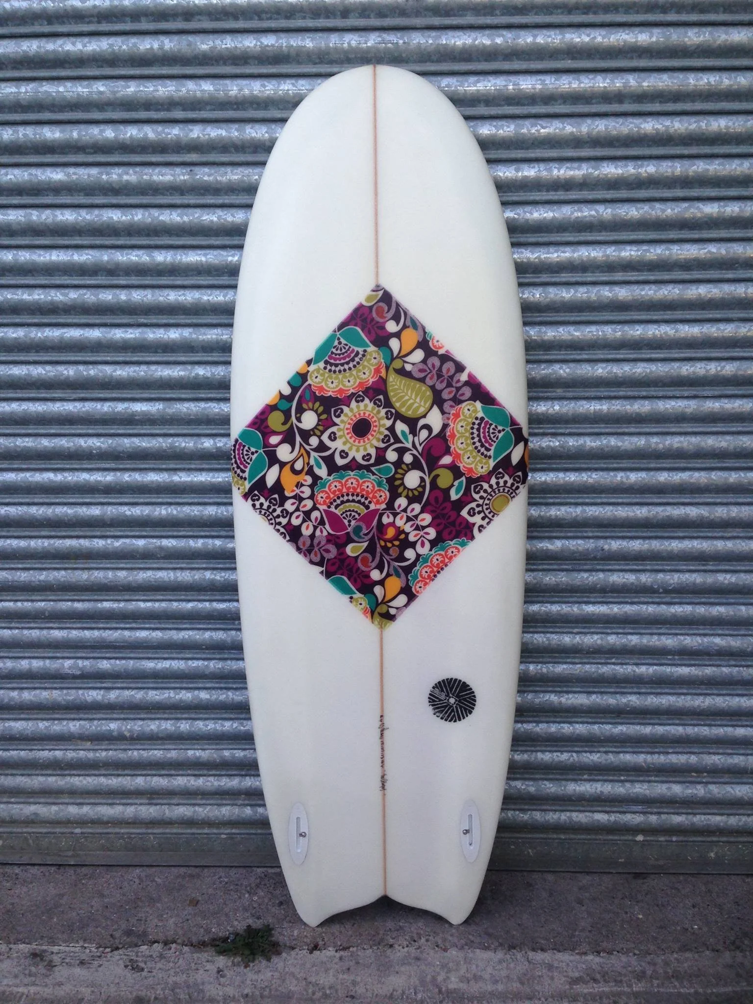 fabric inlay on unique whale tail surfboard mini Simmons