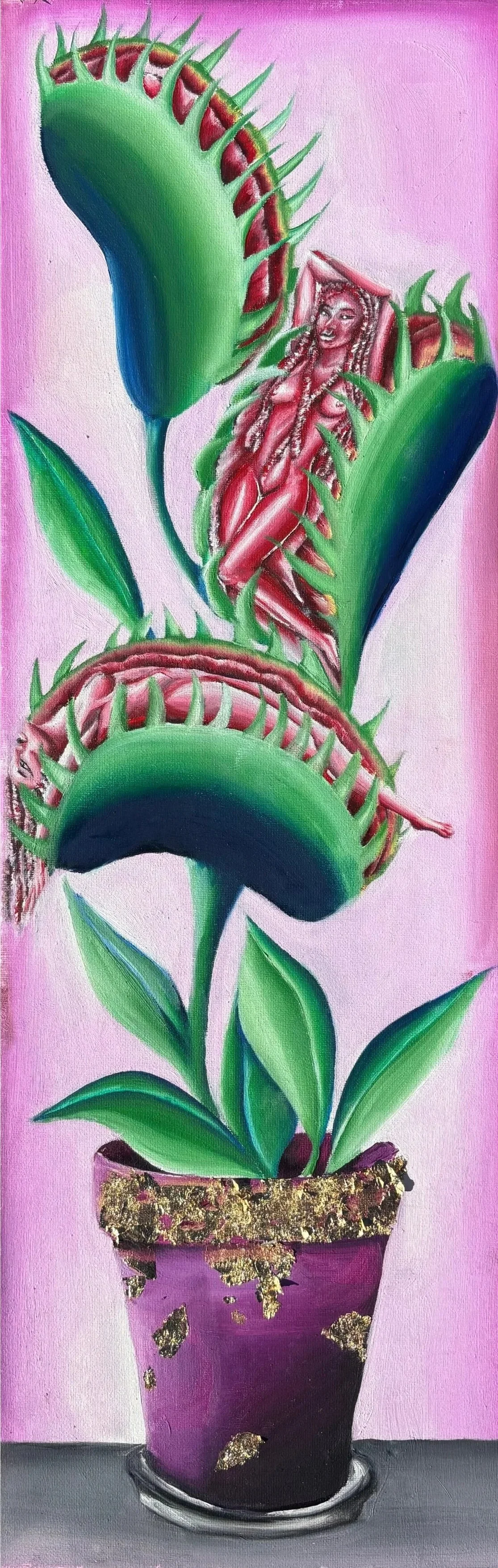 Painting of a Venus flytrap with a human figure inside, in a purple and pink pot on a gray surface with a pink background.