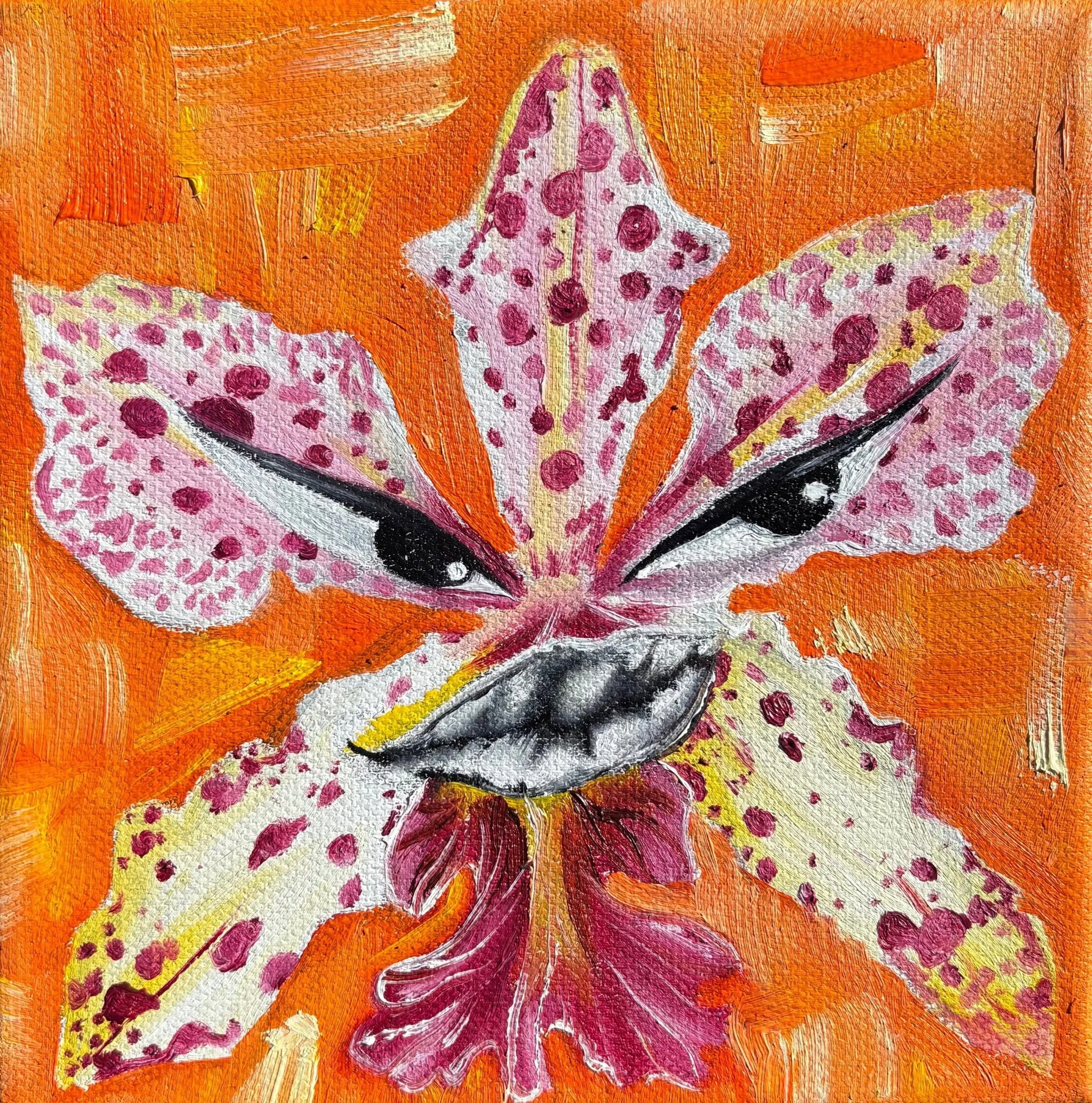 A colorful painting of a butterfly with orange, pink, yellow, black, and white details on its wings, set against an orange background.