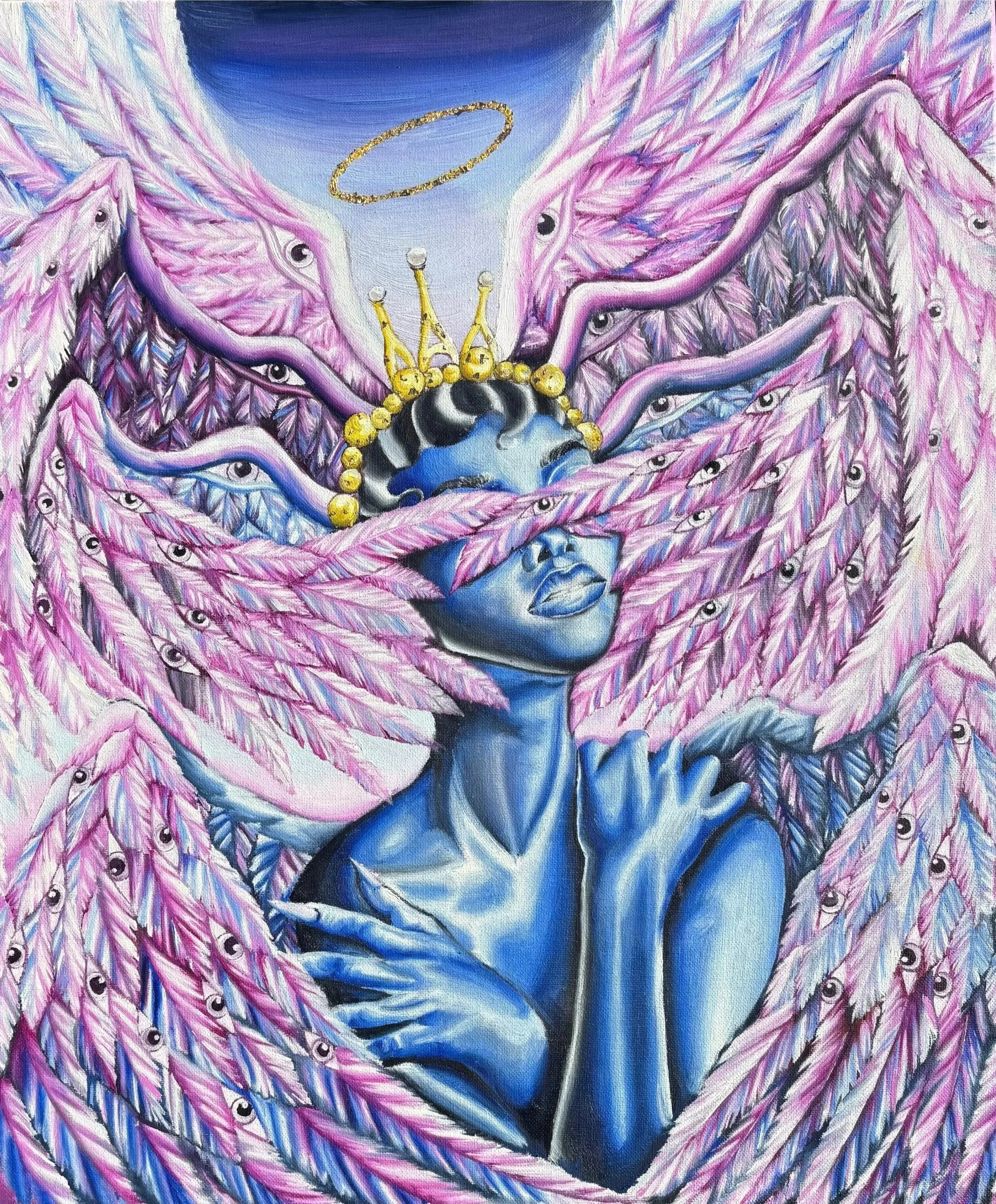 A surreal painting of a blue-skinned woman with pink feathered wings. She has a crown and halo, with her eyes covered by feathers and her hand resting on her chest.